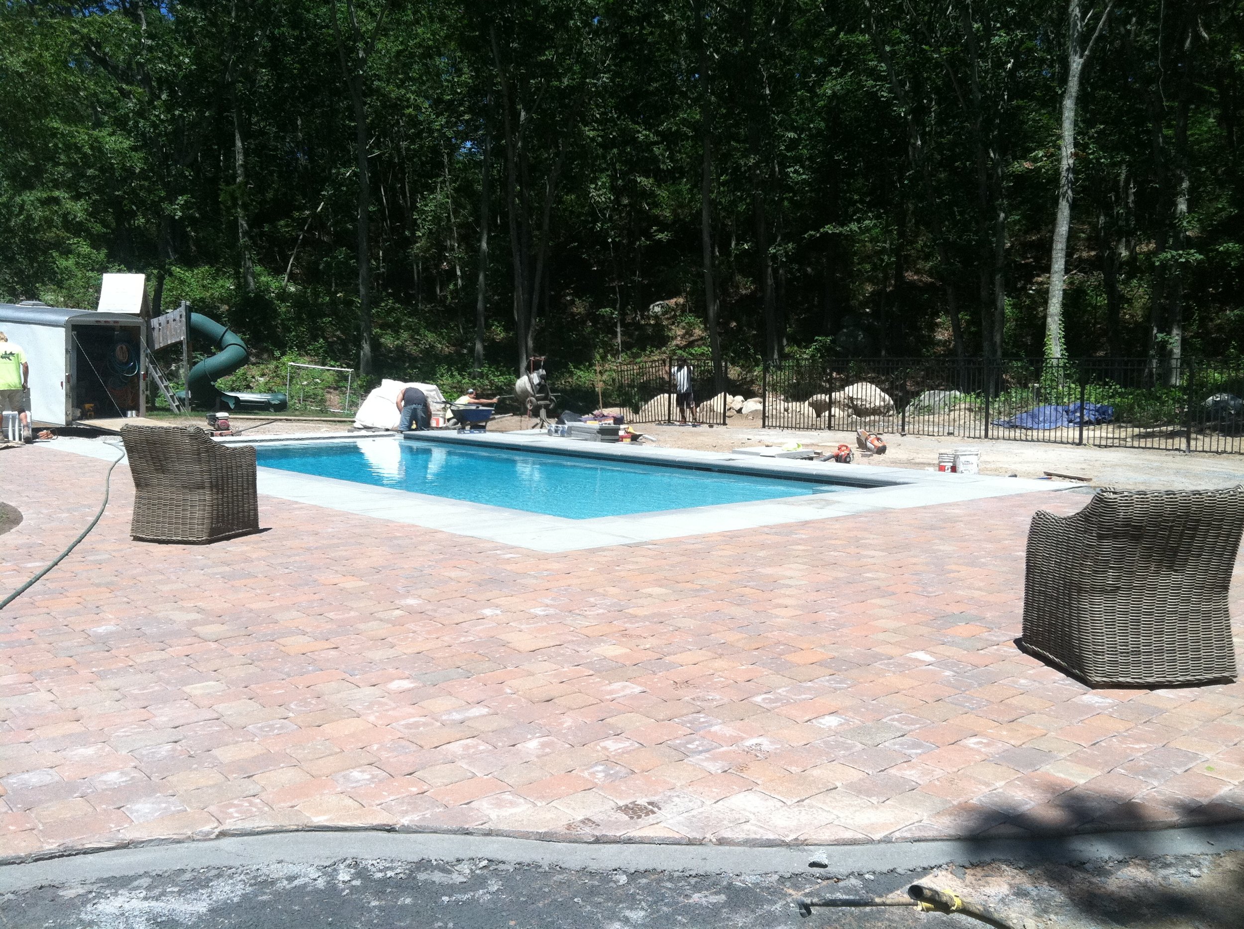 Landscape design with inground pool and paver patio Jamestown, RI