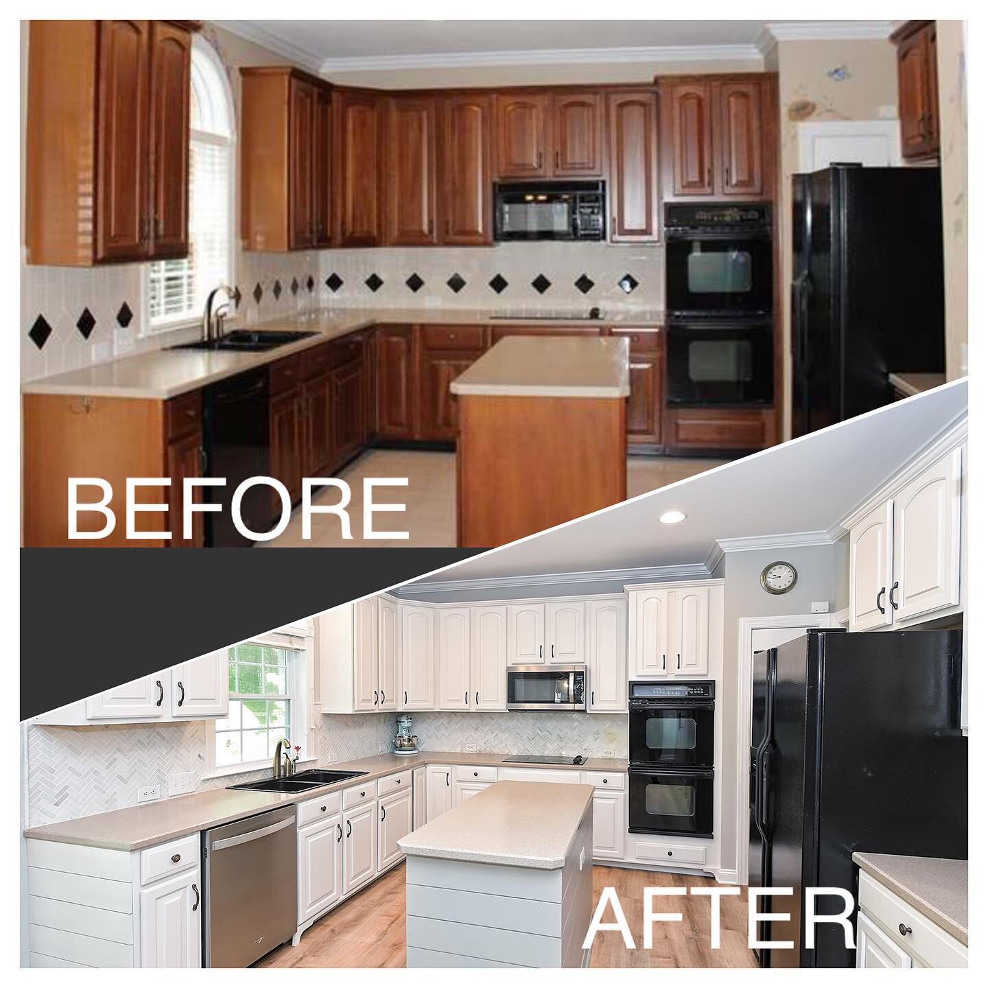 Before and After: Kitchen Remodel. Shoutout to @carolinahomefinefinishes for refinishing the cabinets #kitchencabinets #kitchendesign #kitchen #kitchenisland #kitchenremodel #kitchenbacksplash #kitchendecor #kitchenrenovation #remodel #remodeling #ho