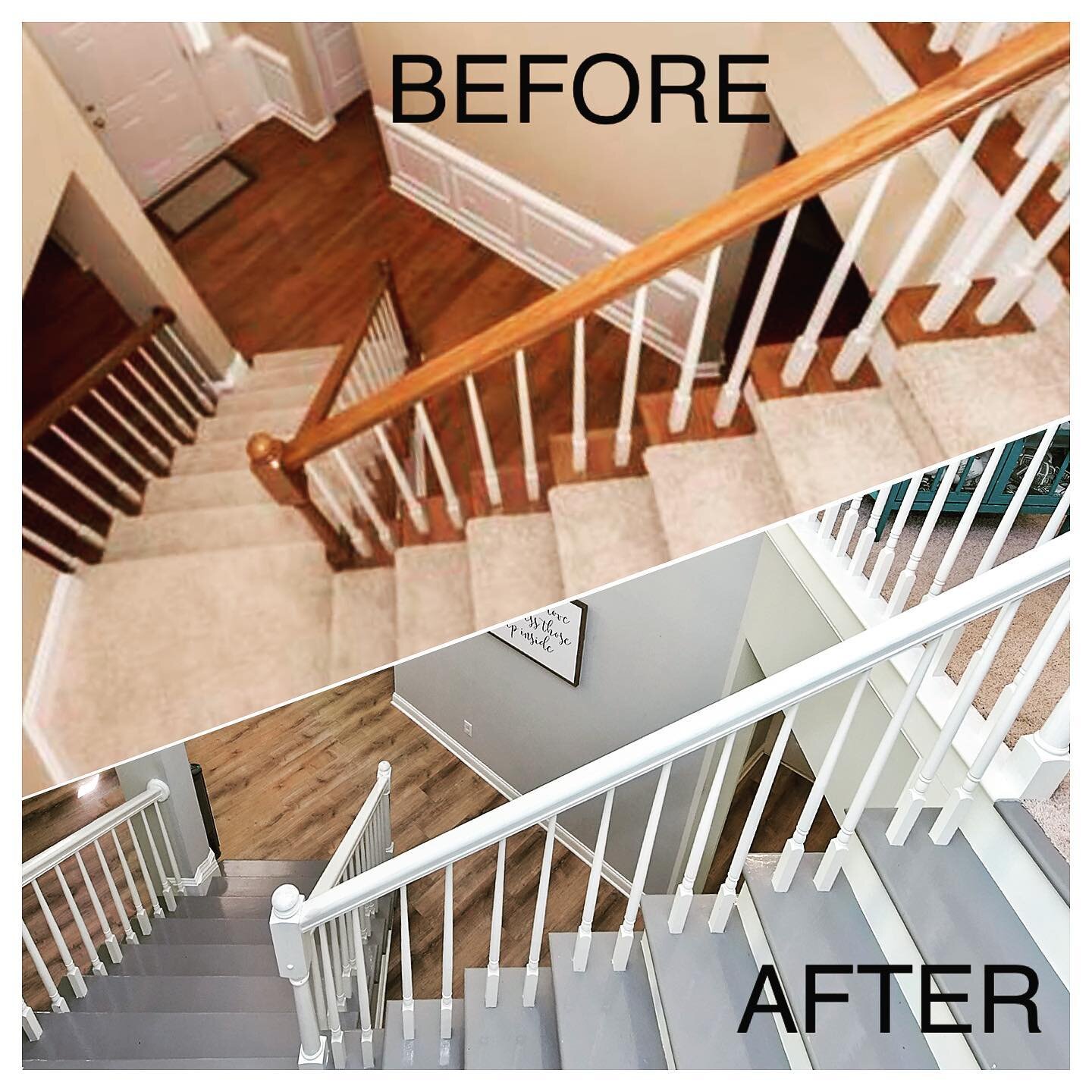 Have an outdated staircase in your home? #beforeandafter #staircase #staircaserenovation #stairs #stairdesign #stairway #staircasedecor #remodel #remodeling #dellingerwoodworks #woodworking #quality #custom #charlotte #marvin #weddington #waxhaw #ind