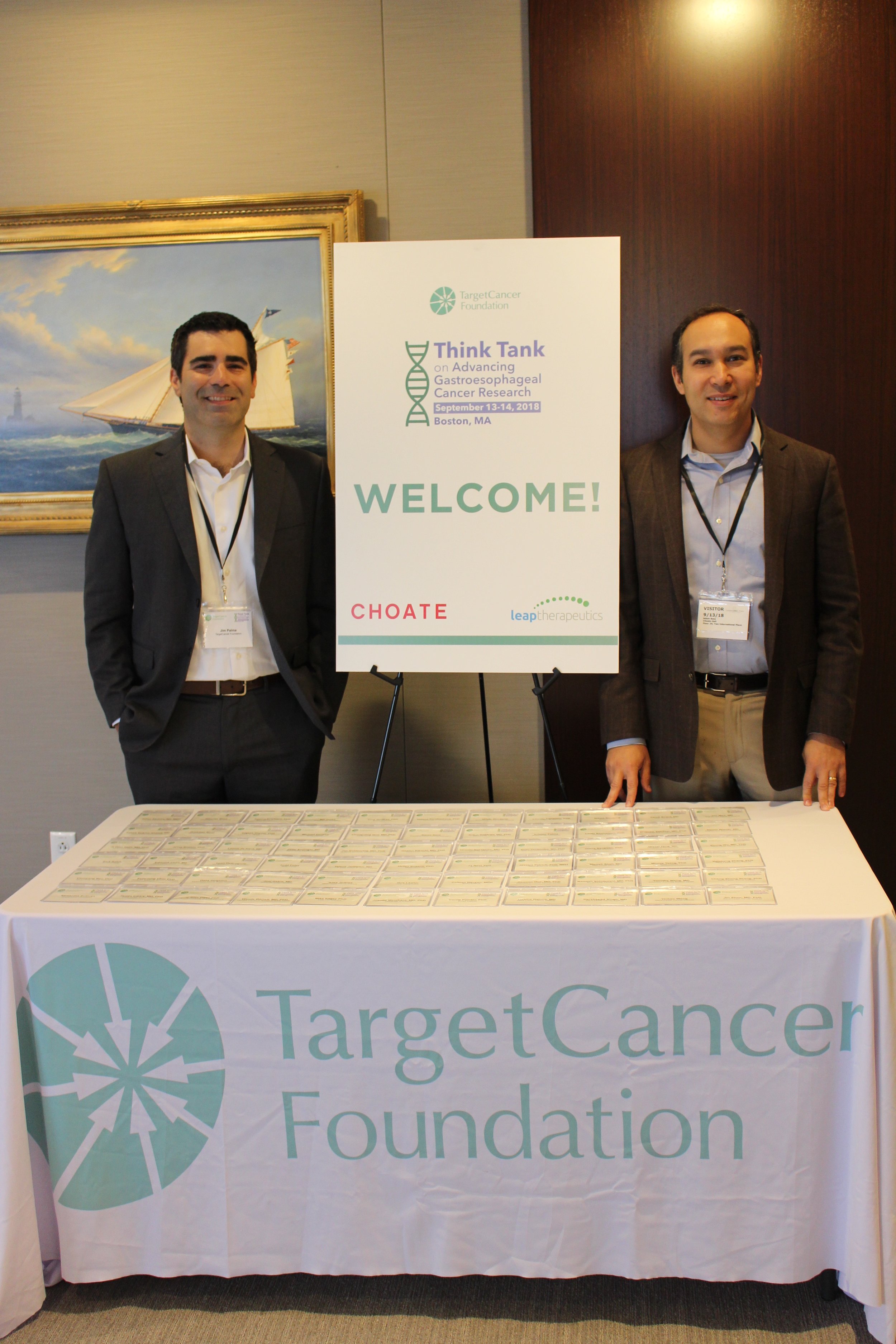 Jim Palma, left, and Adam Bass, MD, an esophageal cancer researcher supported by the foundation, at the 2018 Think Tank on Advancing Gastroesophageal Cancer Research.