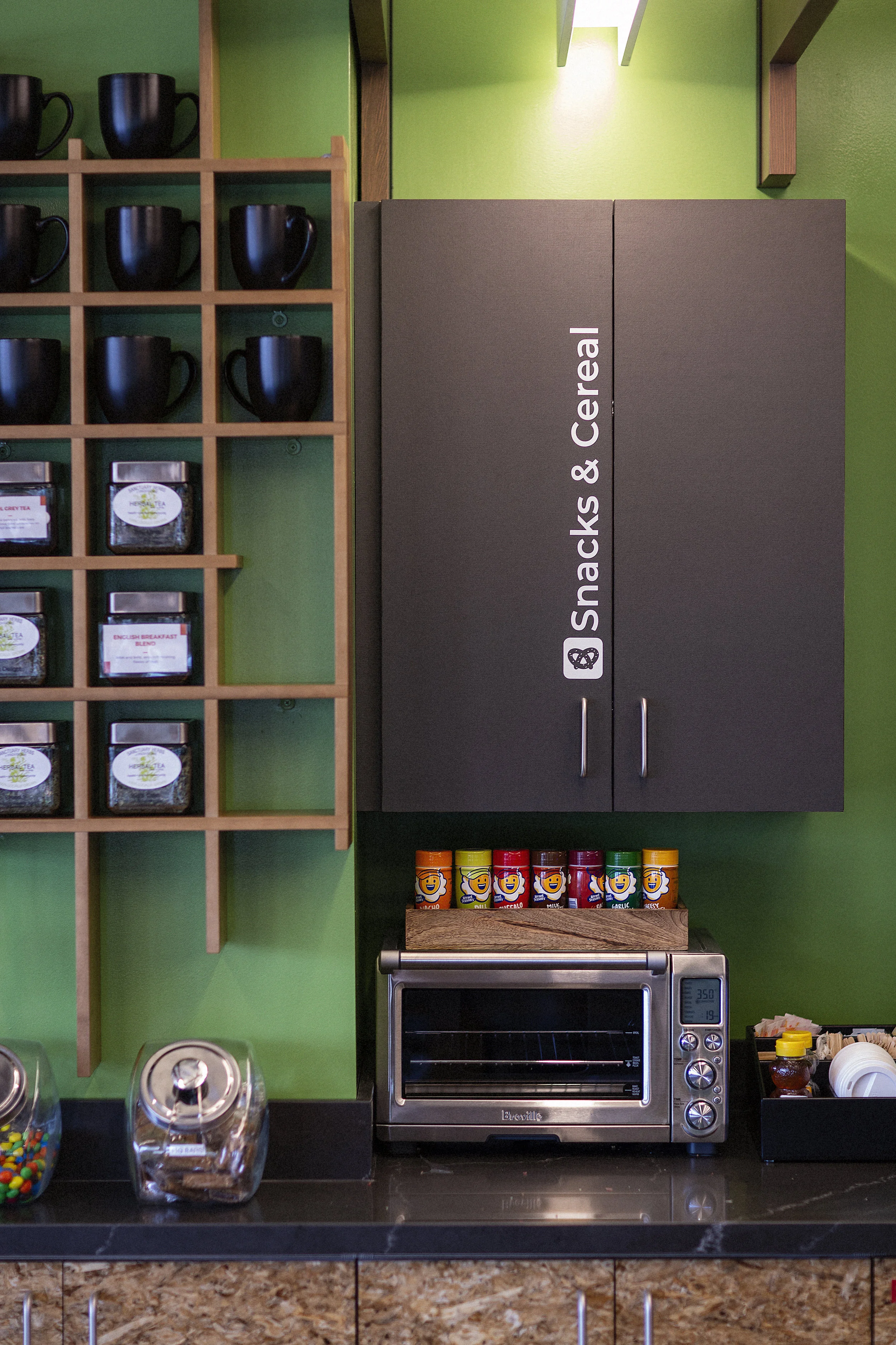 Kitchens stocked with Coffee, tea, sparkling water, and, snacks!