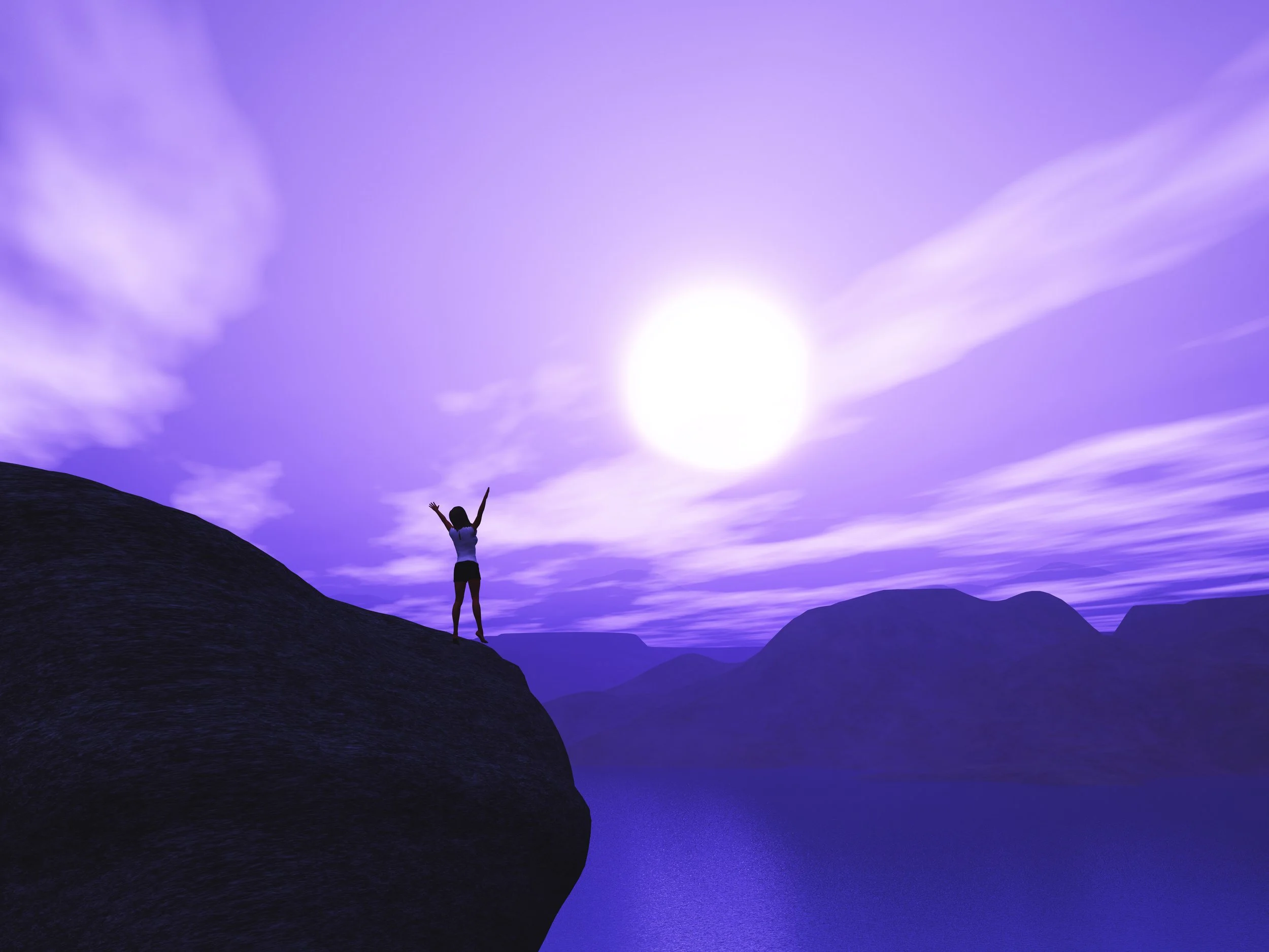 3D female stood on cliff with arms raised in joy against sunset 