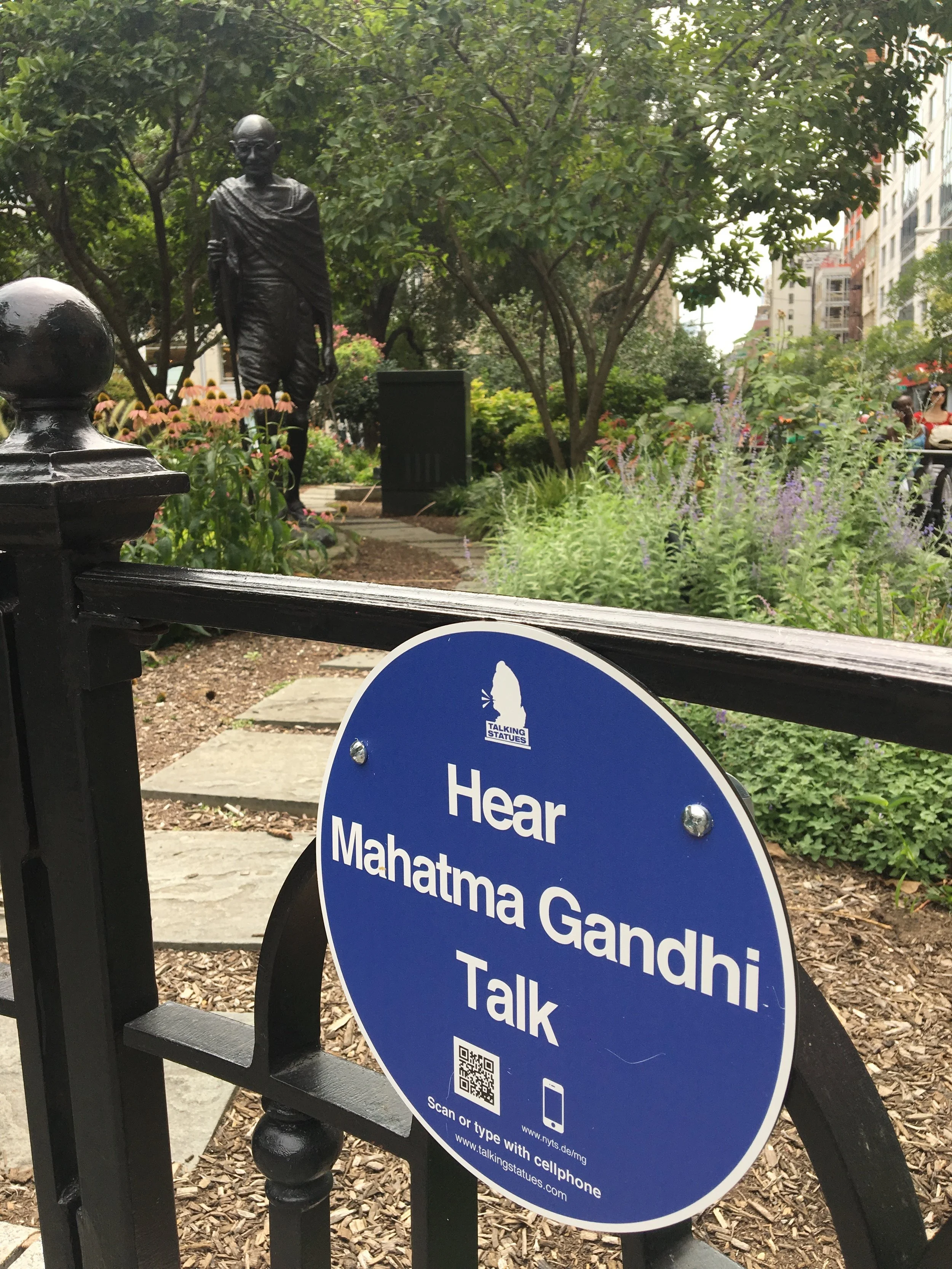 Gandhi's statue along Union Square East offers to speak in English or Hindi