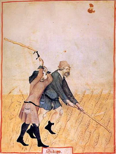 Bauern mit Gürteltaschen im 15. Jahrhundert, Abbildung aus dem Tacuinum sanitatis