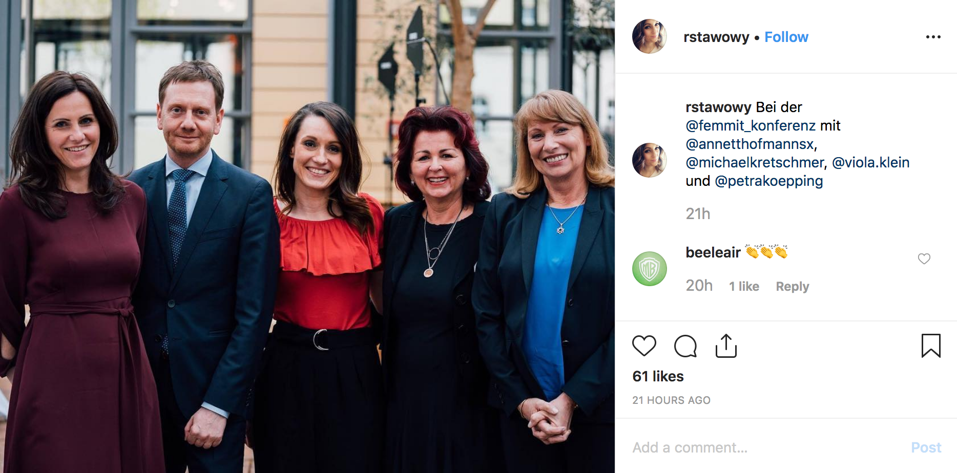 Die FemMit-Veranstalterin Romina Stawowy mit den politisch hochkarätigen Teilnehmenden der Konferenz.
