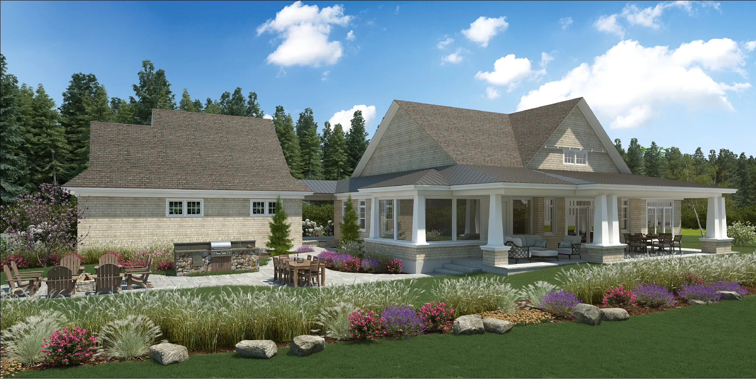 A modern house with a porch, surrounded by a garden with colorful flowers and tall grass, set against a backdrop of trees and a partly cloudy sky.