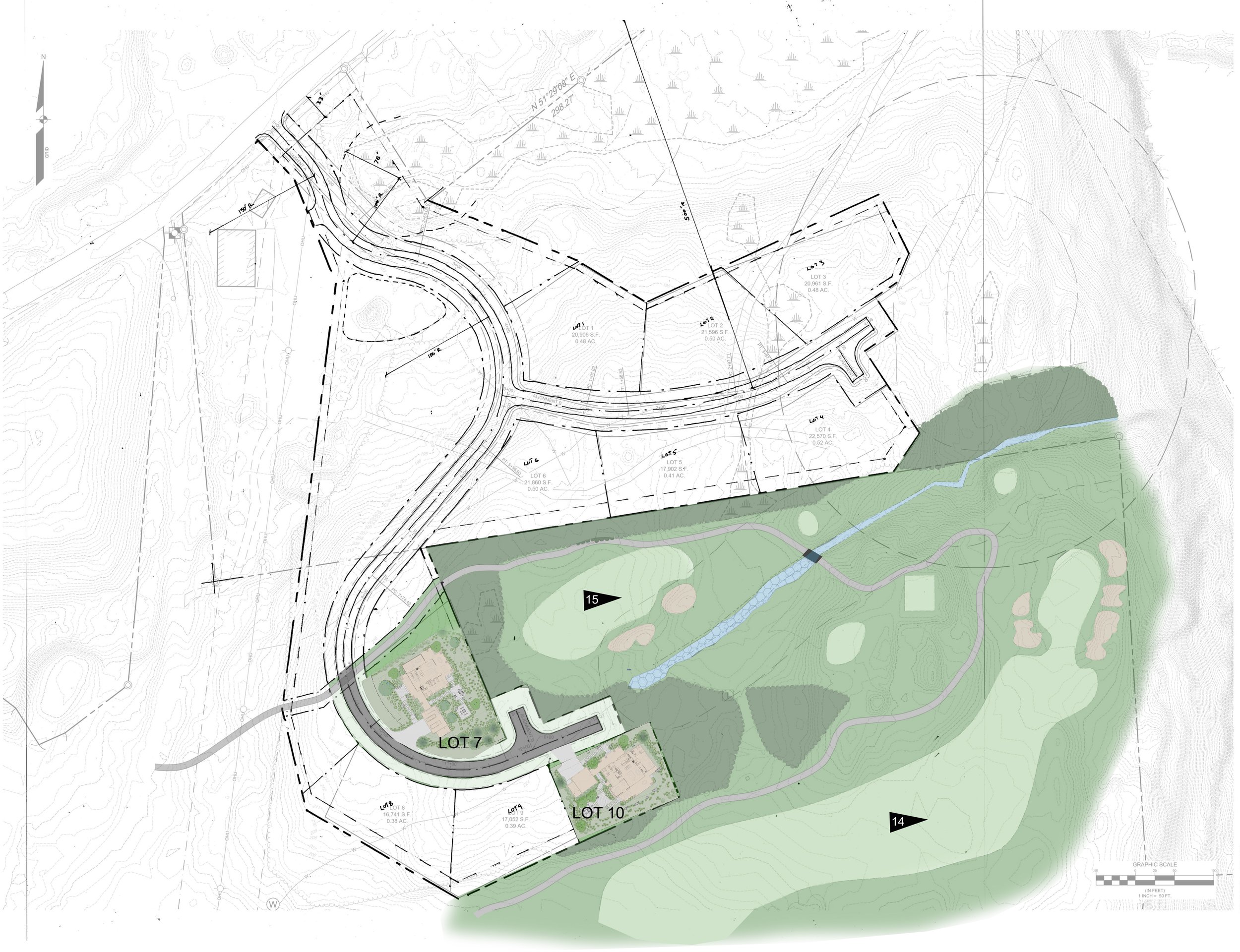Site development plan showing lot divisions, roads, topographical contour lines, and designated areas for construction.