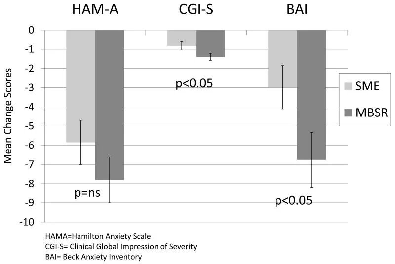 Change in symptom scores for three anxiety measures after Mindfulness-Based Stress Reduction. The lower the number the better. Click to enlarge.