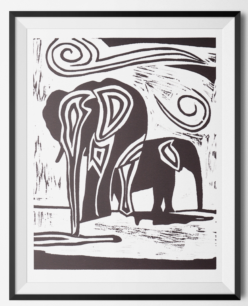 A Prayer for the Elephants original linoleum block print