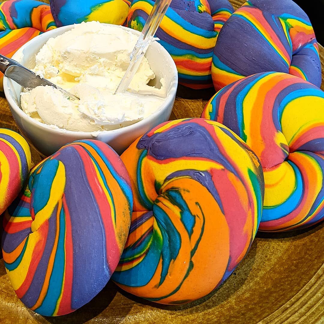 #nationalbagelday at work. #rainbowbagels flown all the way from @thebagelstore Brooklyn. 
#newyorkbagel