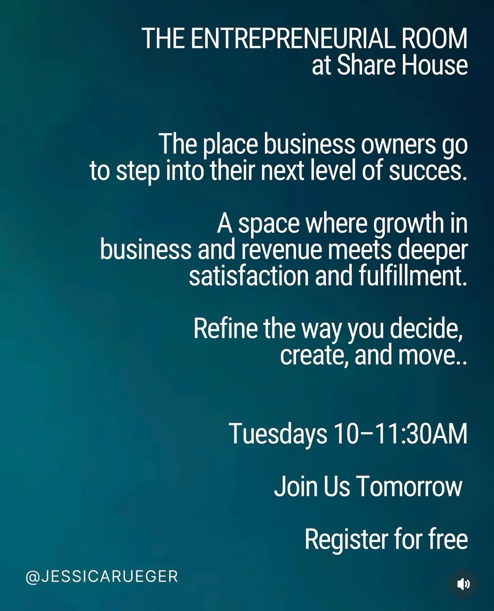 Tomorrow&rsquo;s TUESDAY and that means 

📣Week 5 in The Entrepreneurial Room at Share House!

Excited for tomorrow&rsquo;s topics!!

register for FREE
Link in story!