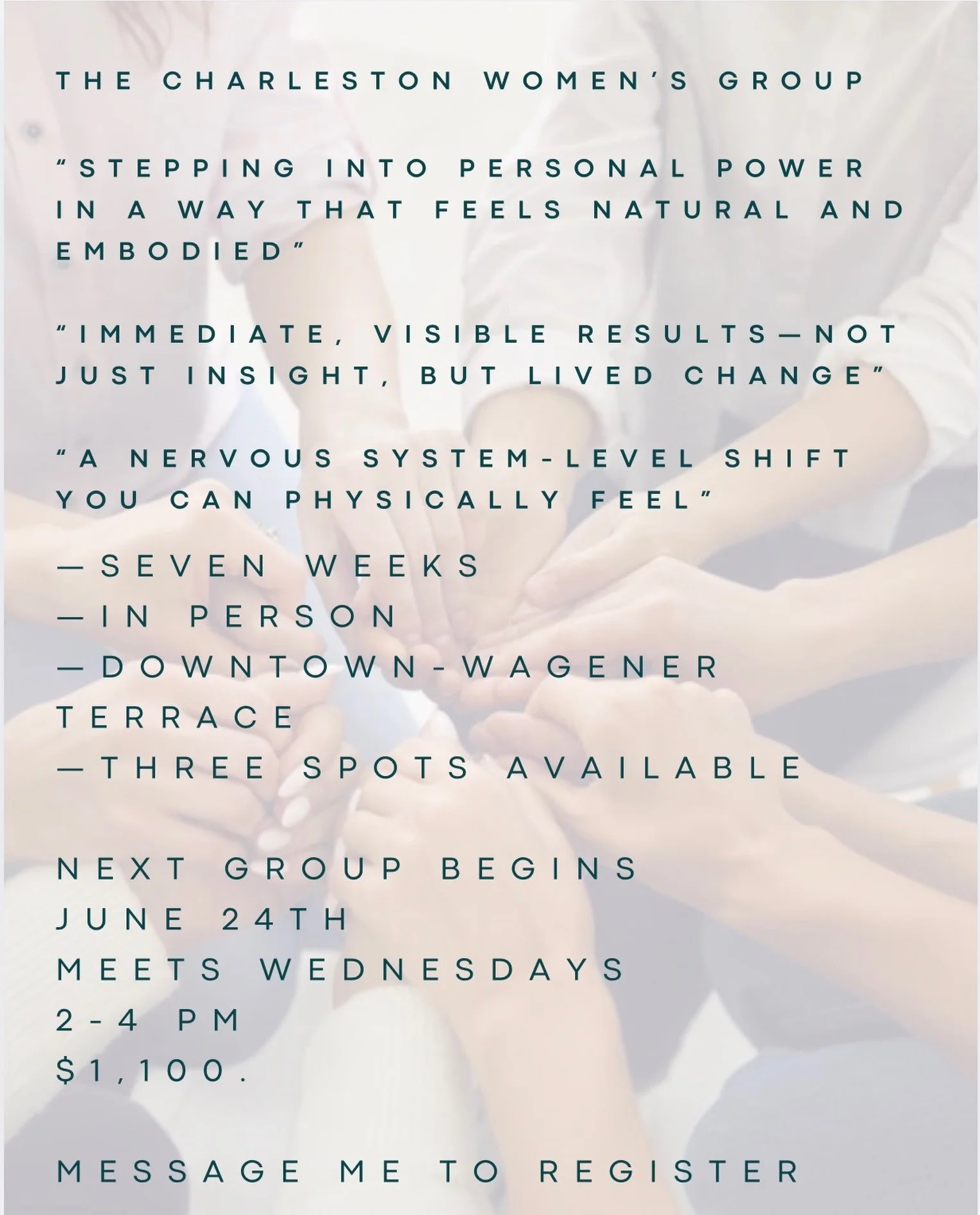 Good morning and happy Monday ☀️

The Charleston Women&rsquo;s Group is wrapping up another seven weeks on Wednesday.

We begin again on June 24th.

We meet weekly downtown Wednesdays from 2-4PM

3 spots remain *as of this post.

An extraordinary opp