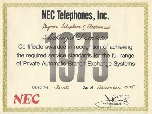 NEC Telephones, Inc. Authorized Distributor Certificate