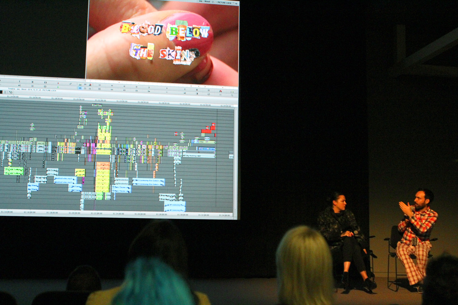 Discussing the editing of Blood Below the Skin with Jennifer Reeder. Photo by Nick George.