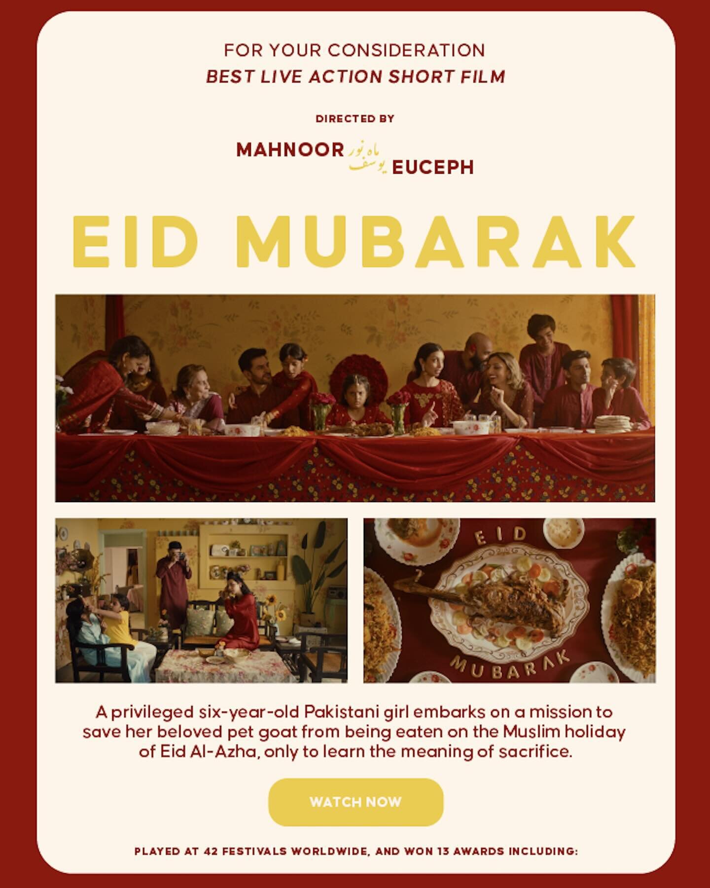 FYC: Eid Mubarak | Best Live Action Short

Voting for the Academy Awards is underway! Anyone in @theacademy can opt in and vote for our little labor of love, EID MUBARAK.

Movies can change the world. Consider voting for ours, and showing the world t