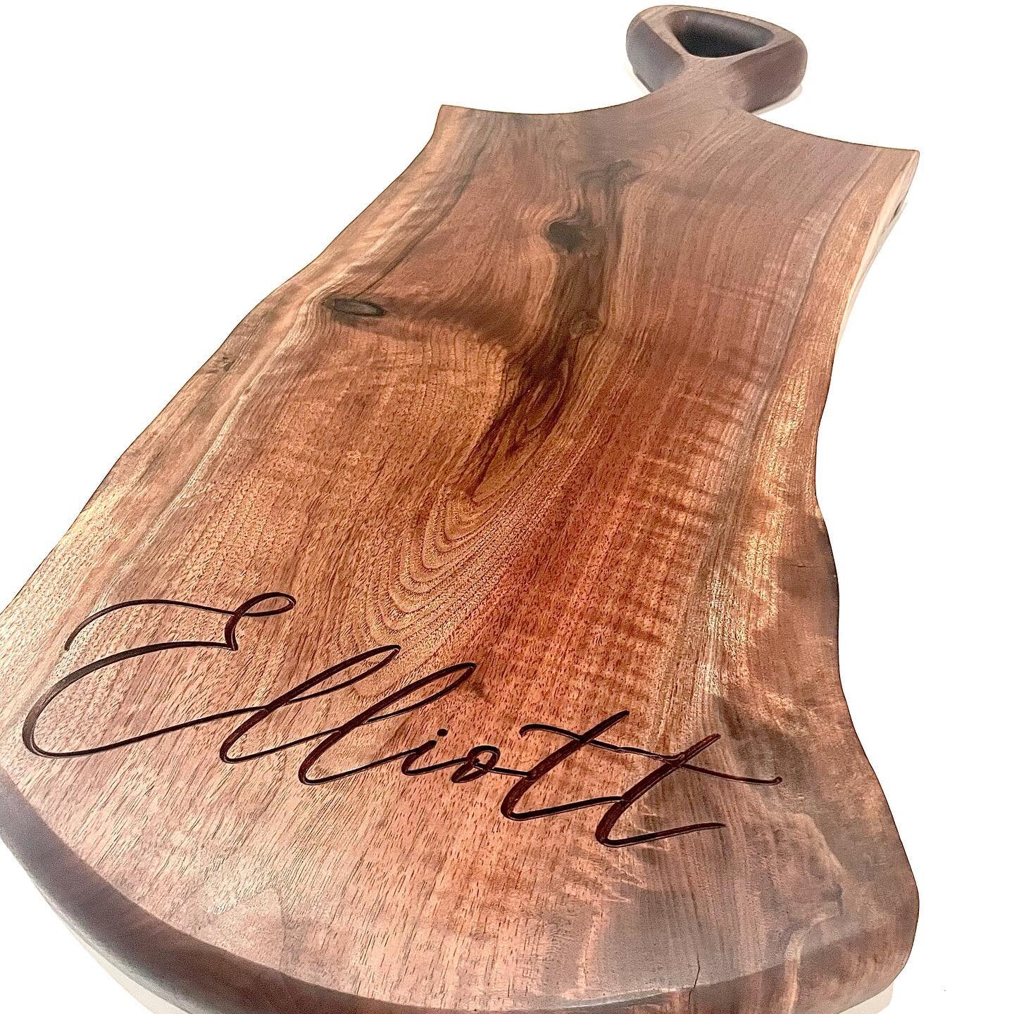 Recently completed wedding gift. Tough to tell from the pics but this is a nice beefy 1.5&rdquo; thick piece of locally salvaged black walnut. 

Custom engraving available