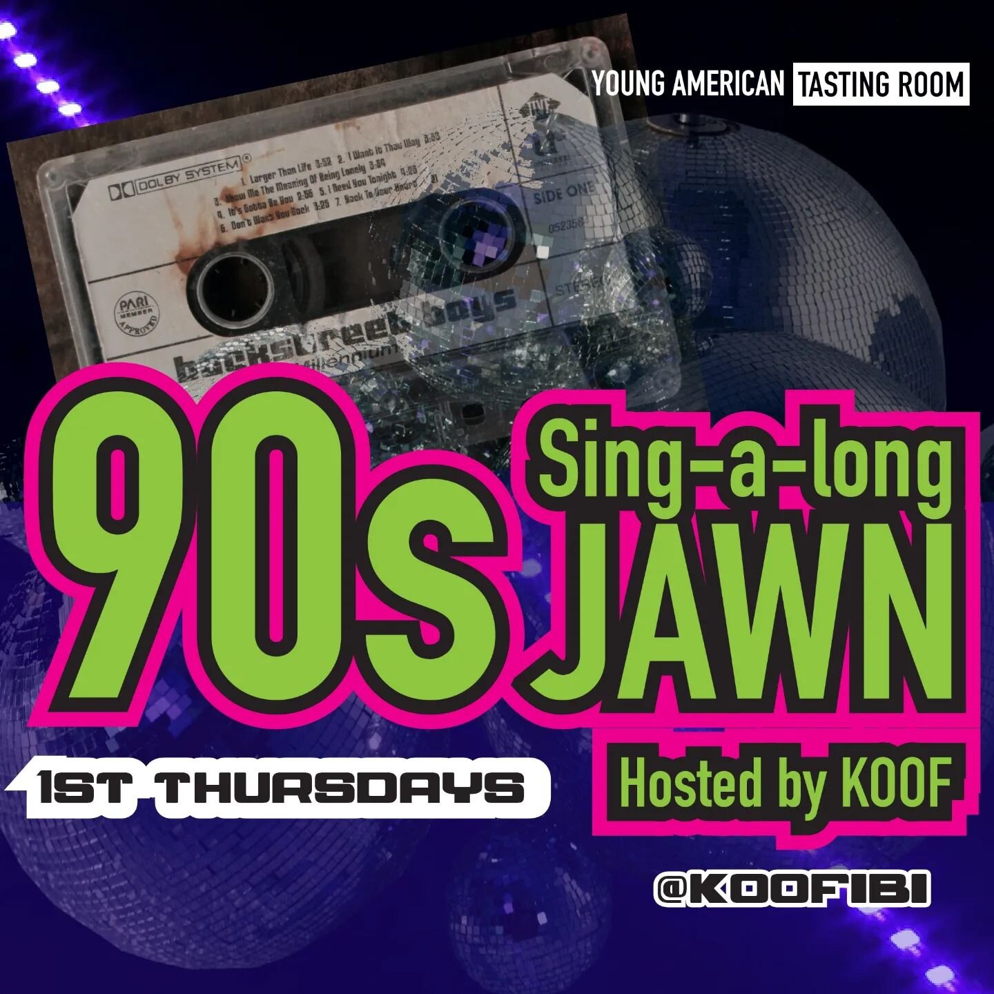 #YoungAmericanMusic presents: 90s Sing-A-Long Jawn hosted by Koof (1st Thursdays, 630-830PM). Grab a drink and join us for a nostalgic dive into one of our favorite music decades! Lyrics will be available - feel free to jump on the mic or sing-a-long