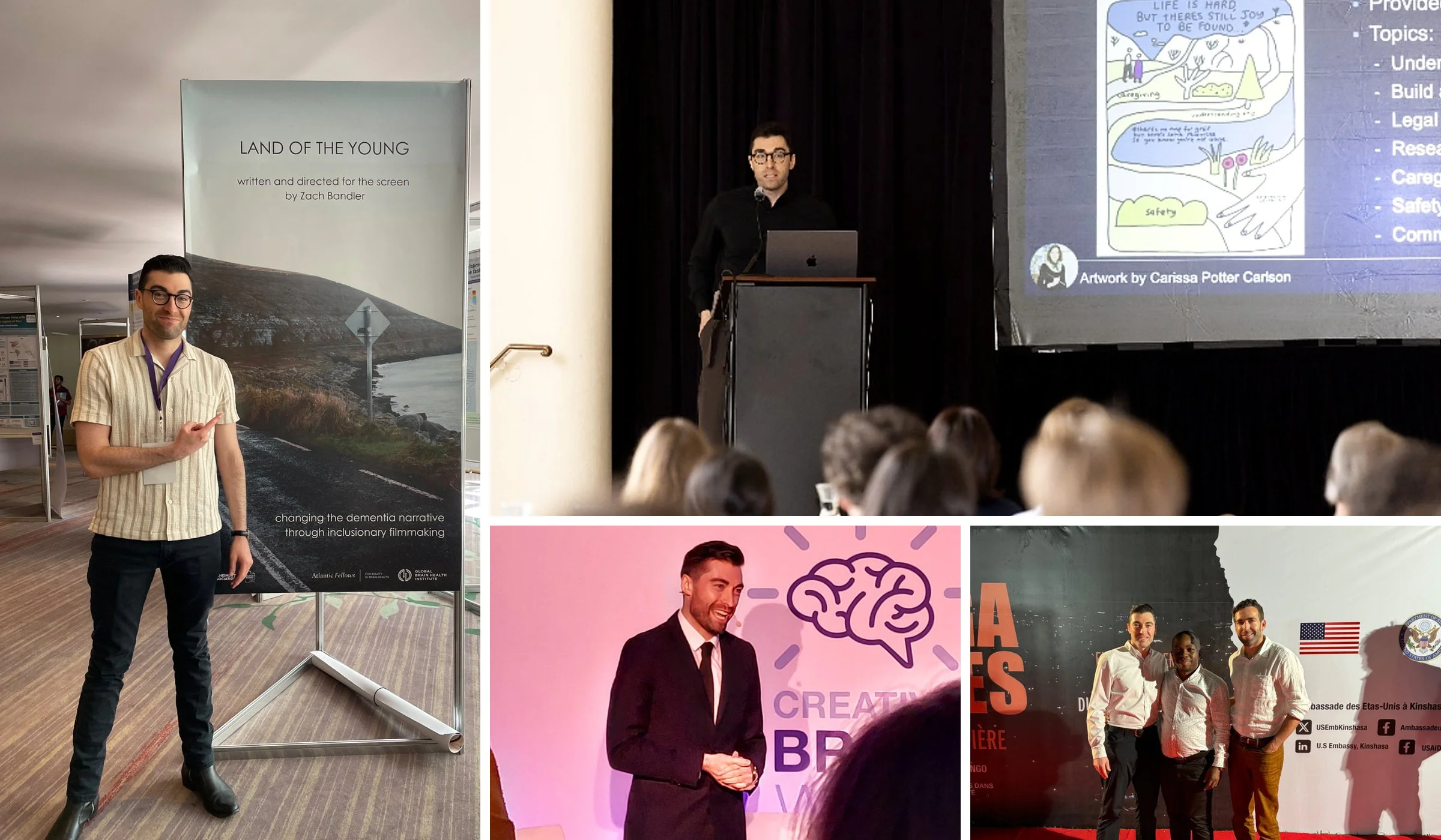 Zach Bandler presenting at UCSF, at a Creative Brain Week event in Dublin, Ireland, with the Land of the Young poster at Alzheimer's Association conference in Mexico City, and at the U.S. Embassy film premiere in Kinshasa.
