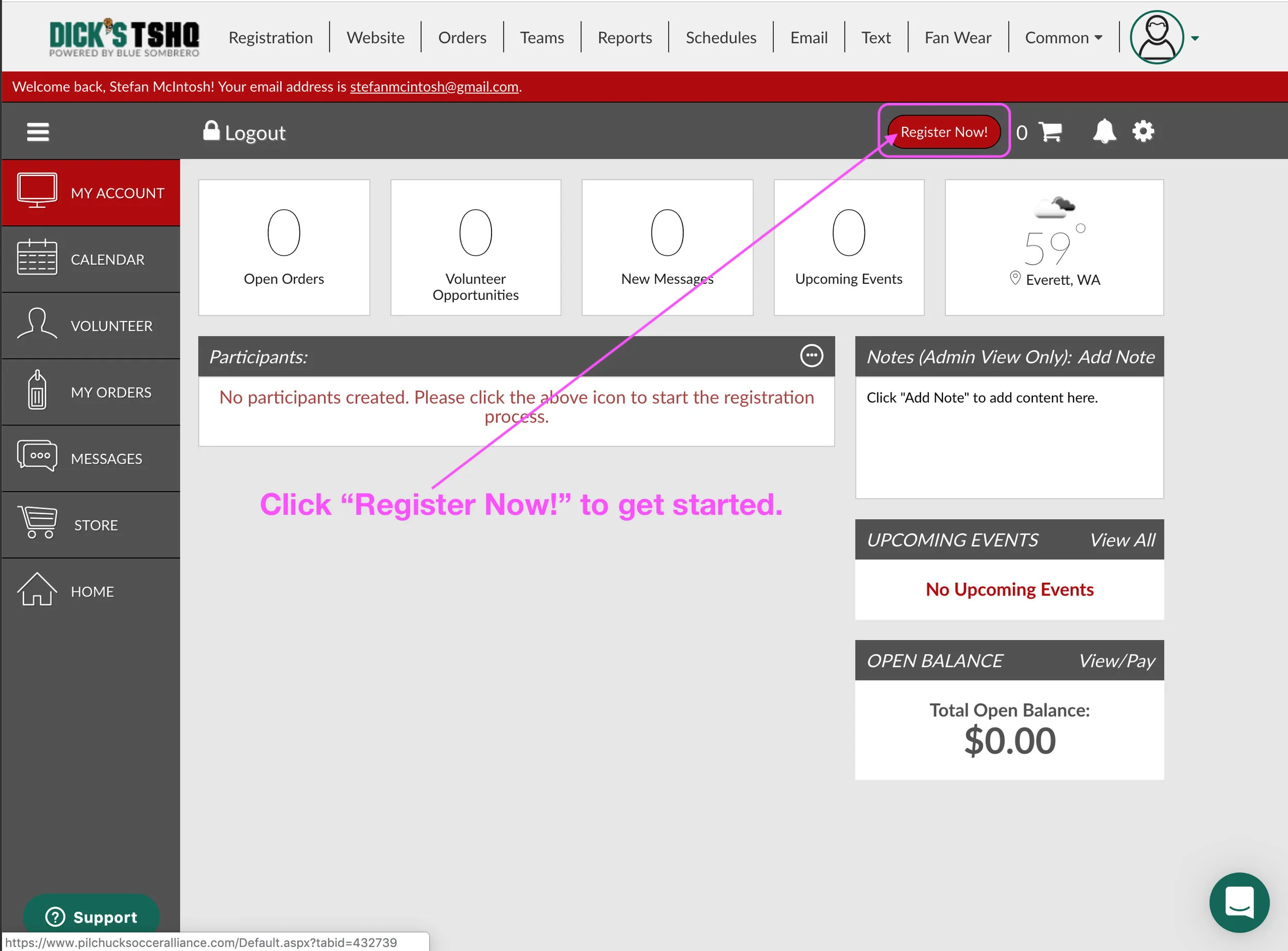 Click the “Register Now!” button in the upper right corner to start the registration process.