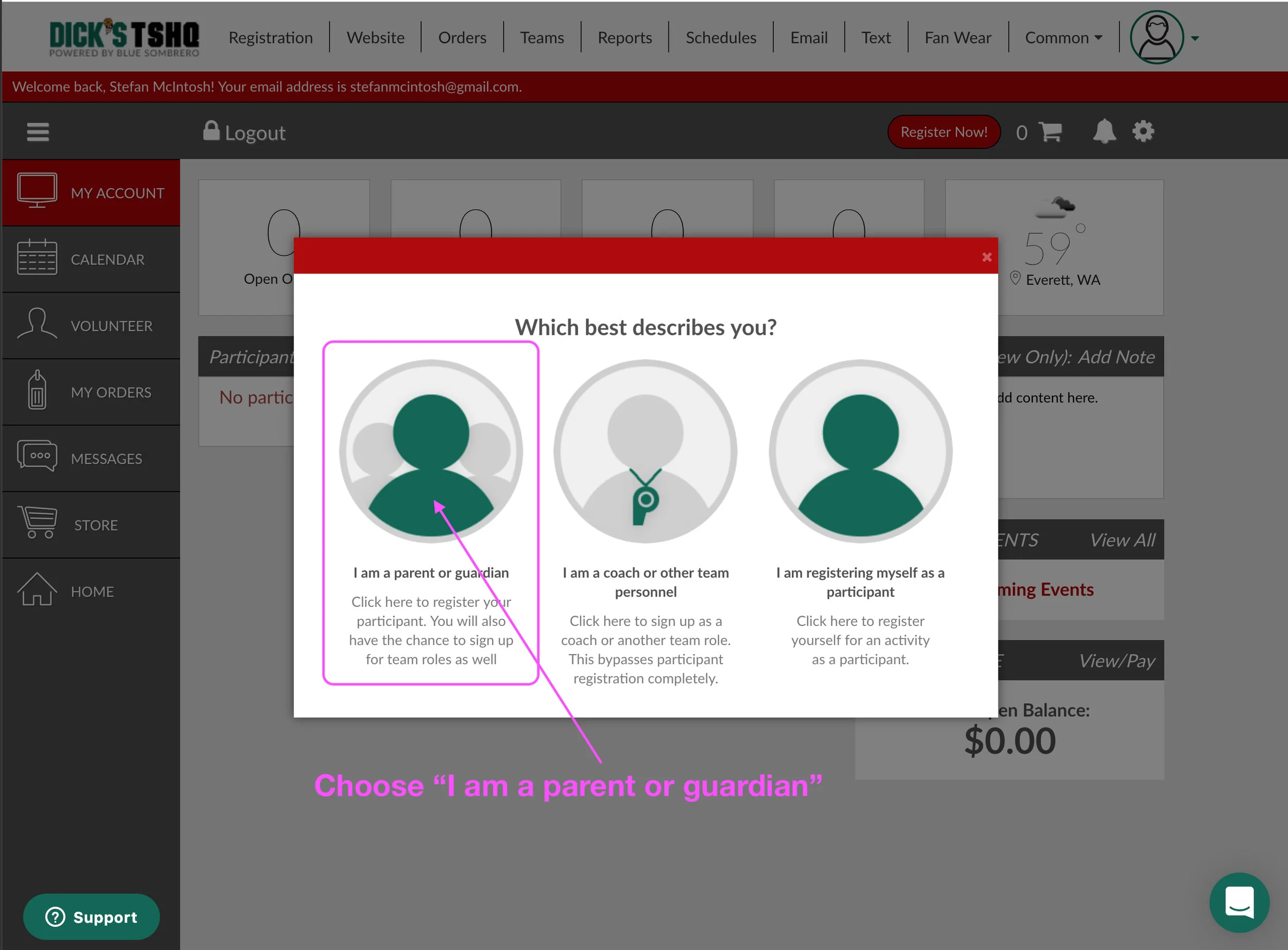 If you are registering on behalf of your child, please choose “I am a parent or guardian”.