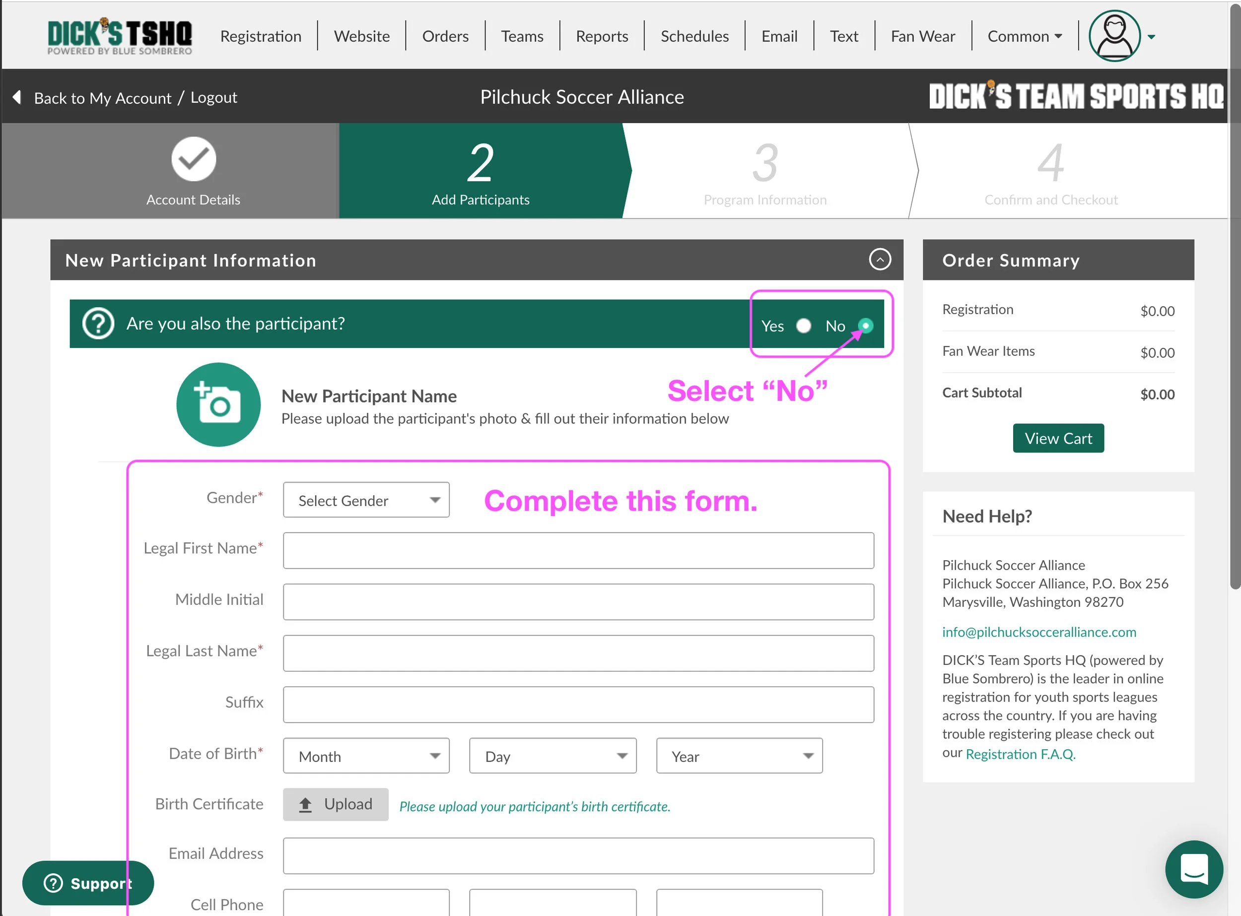 First, select “No” when asked if you are also the participant. Then complete the form below using information for your child.