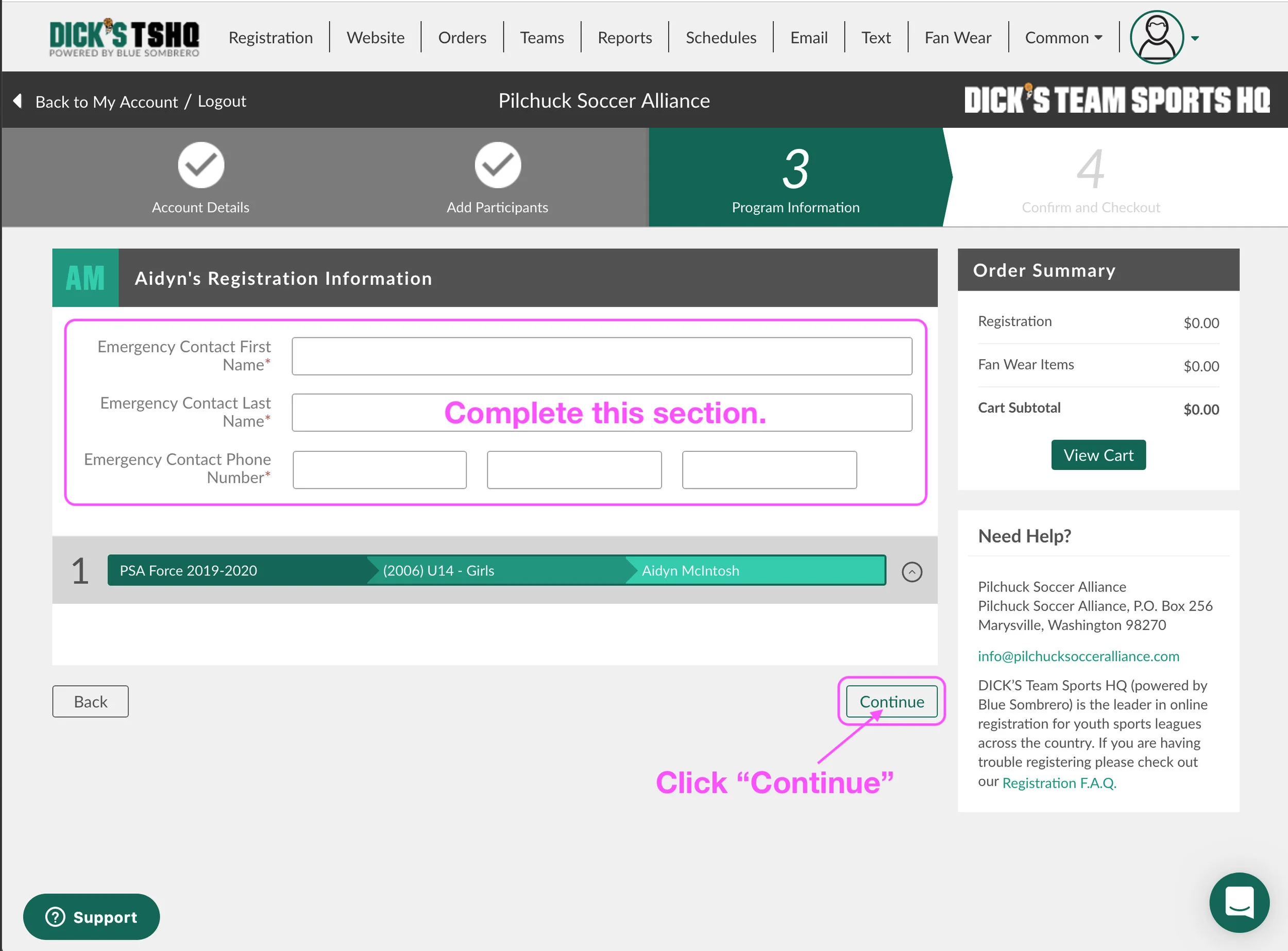 Complete the Emergency Contact information for your participant.