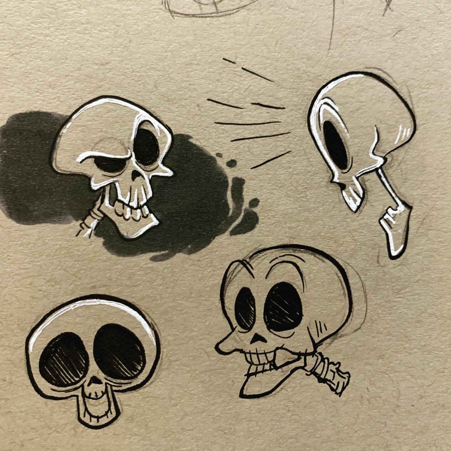 It&rsquo;s a lot of fun seeing how some white highlights and grey markers add a lot to a drawing on brown paper. I&rsquo;ll definitely have to play around more with this.
.
.
.
#sketchbook #skeleton #browntone #sketches #cartoonart #skull #drawing