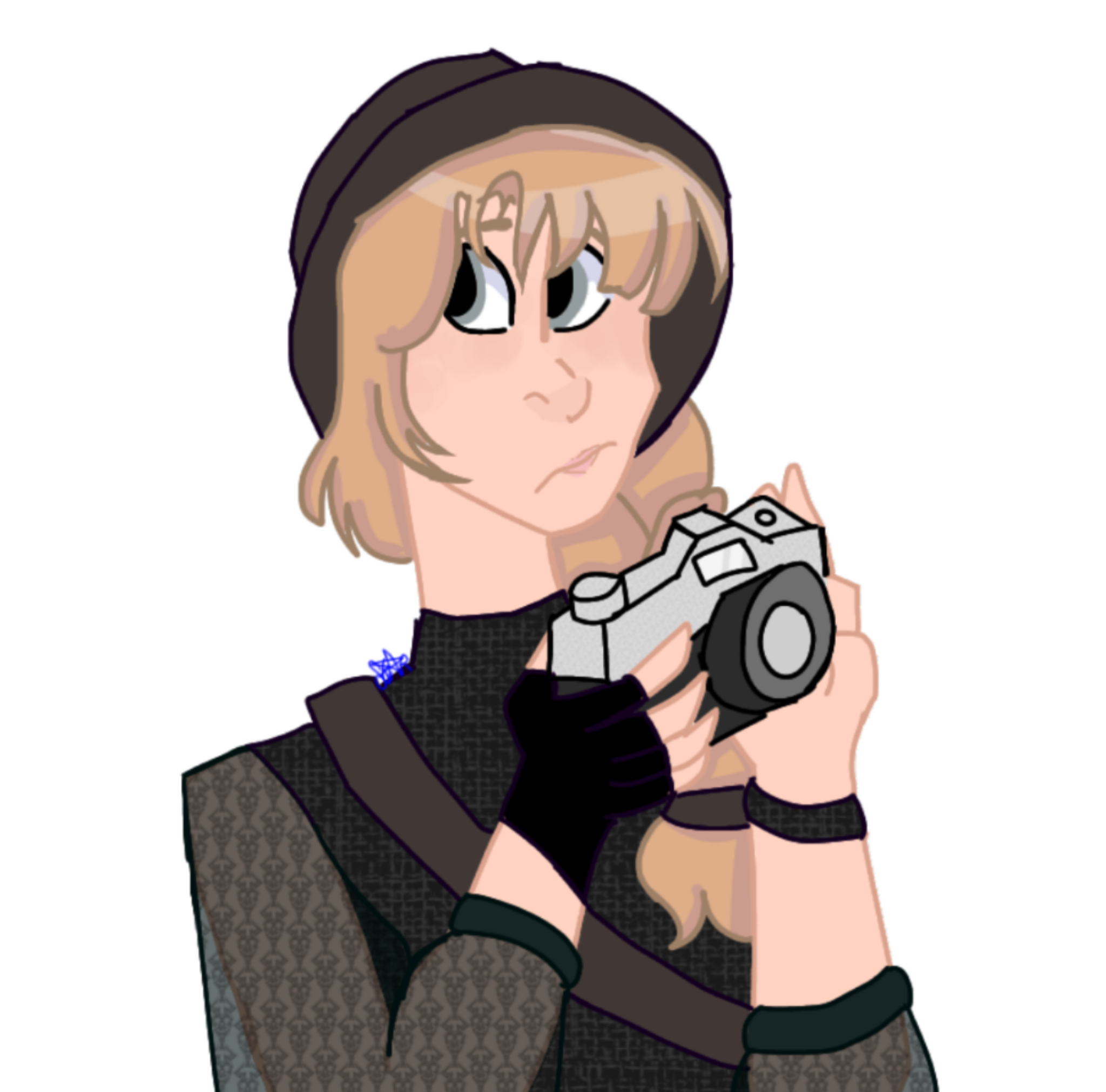 Blonde girl in a black outfit holding a camera as depicted through character art for How to Survive a Ghost Story novel