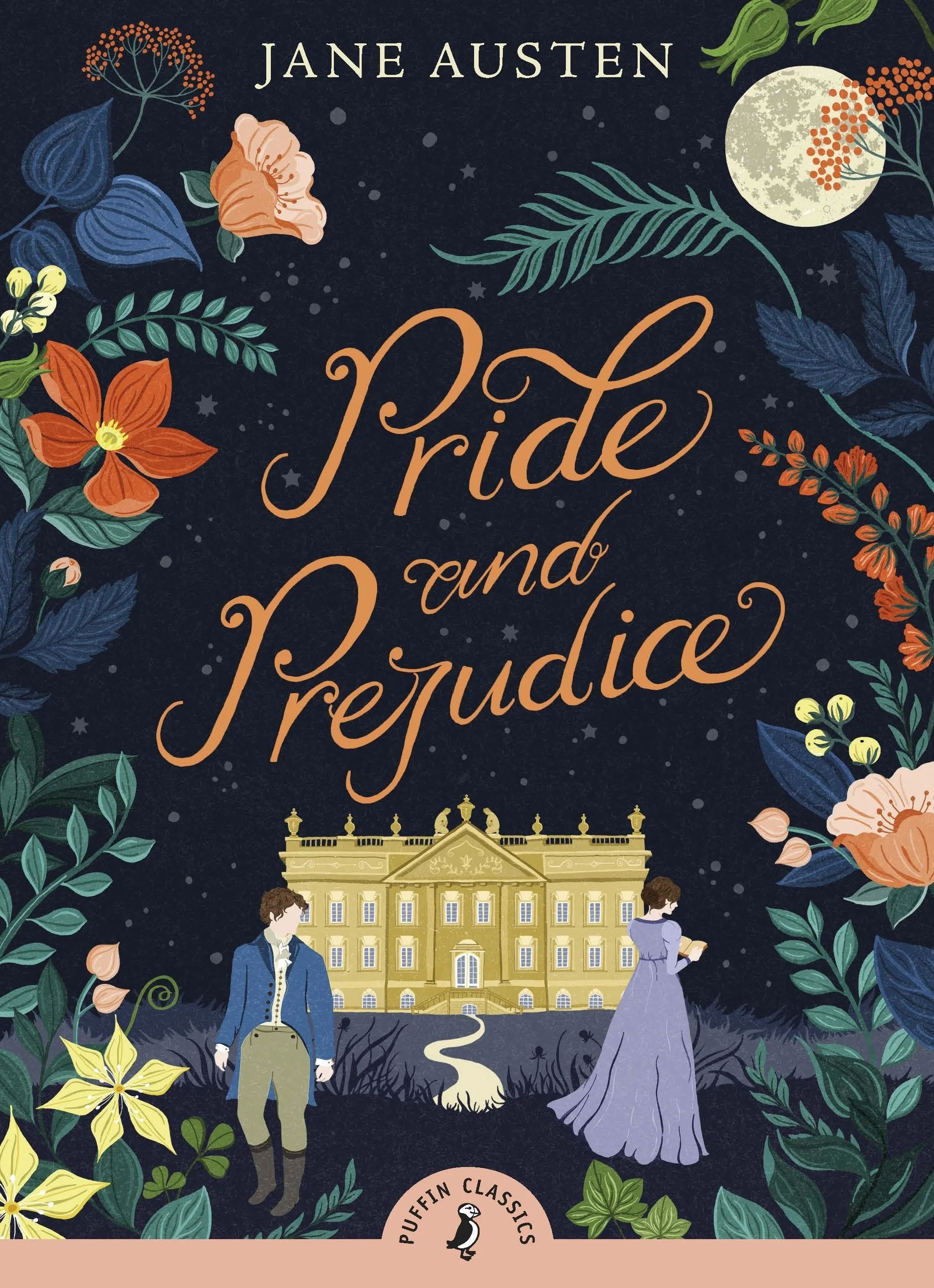 Cover for Pride and Prejudice by Jane Austen with a dark background, floral print, and flowy cursive font with the book title name