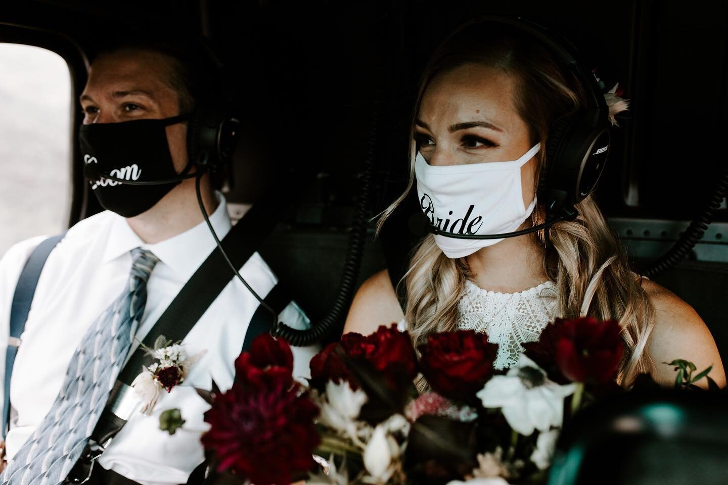 Juicy red tones with pops of white for this beautiful, and COVID conscious, bride and groom on their elopement day! 
Who says masks can&rsquo;t be cute?! 
Photographer: @sarah.french.photo 
Transportation: @flyalphaair @alaskahelicoptertours
Planner: