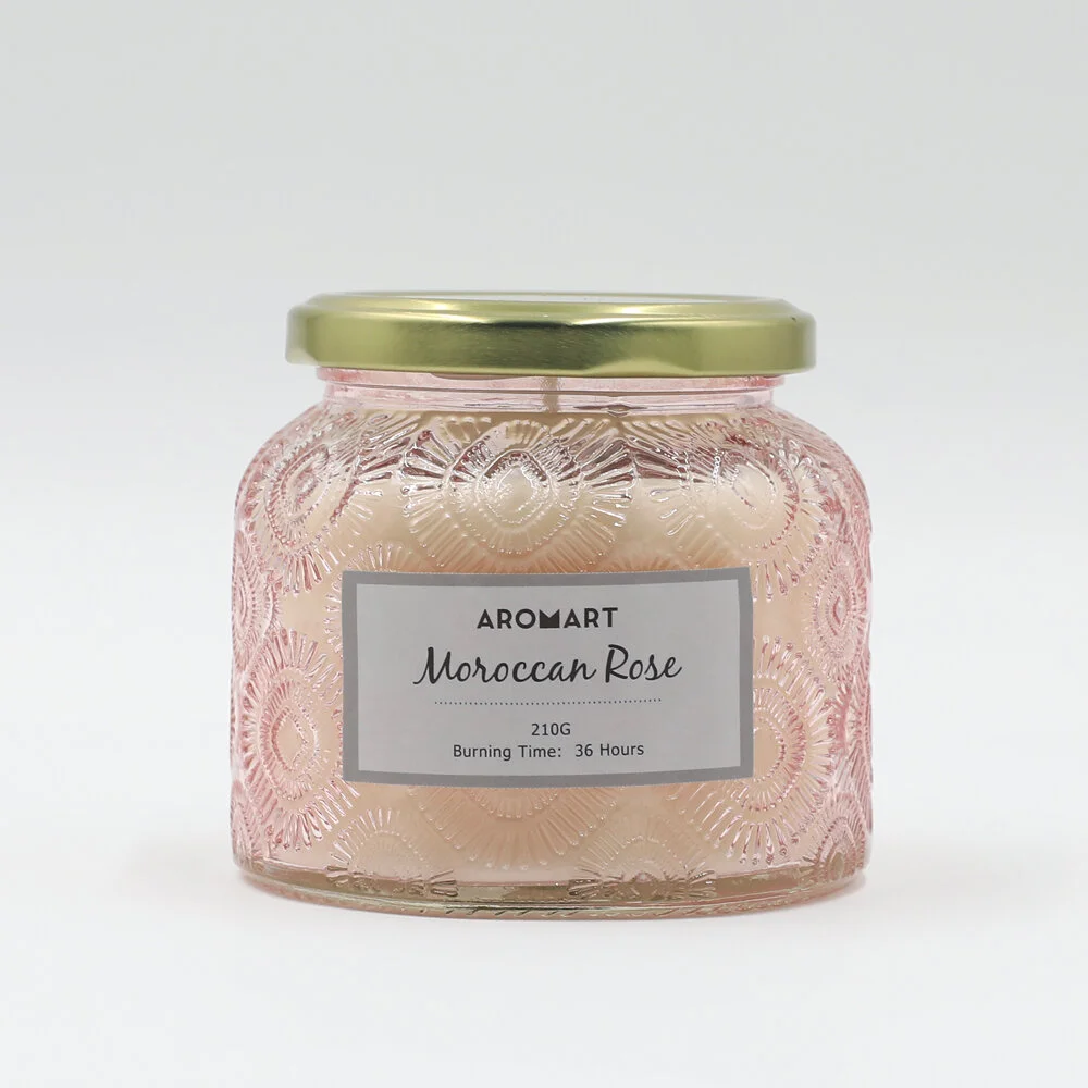 DECORATIVE GLASS CANDLE WITH GOLD LID - MOROCCAN ROSE