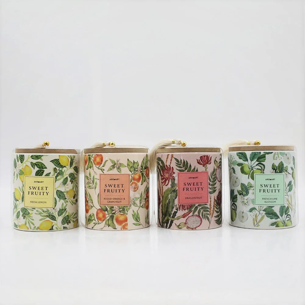 AROMART  300G SCENTED CANDLE IN CERAMIC JAR WITH WOODEN LID - ASSORTED