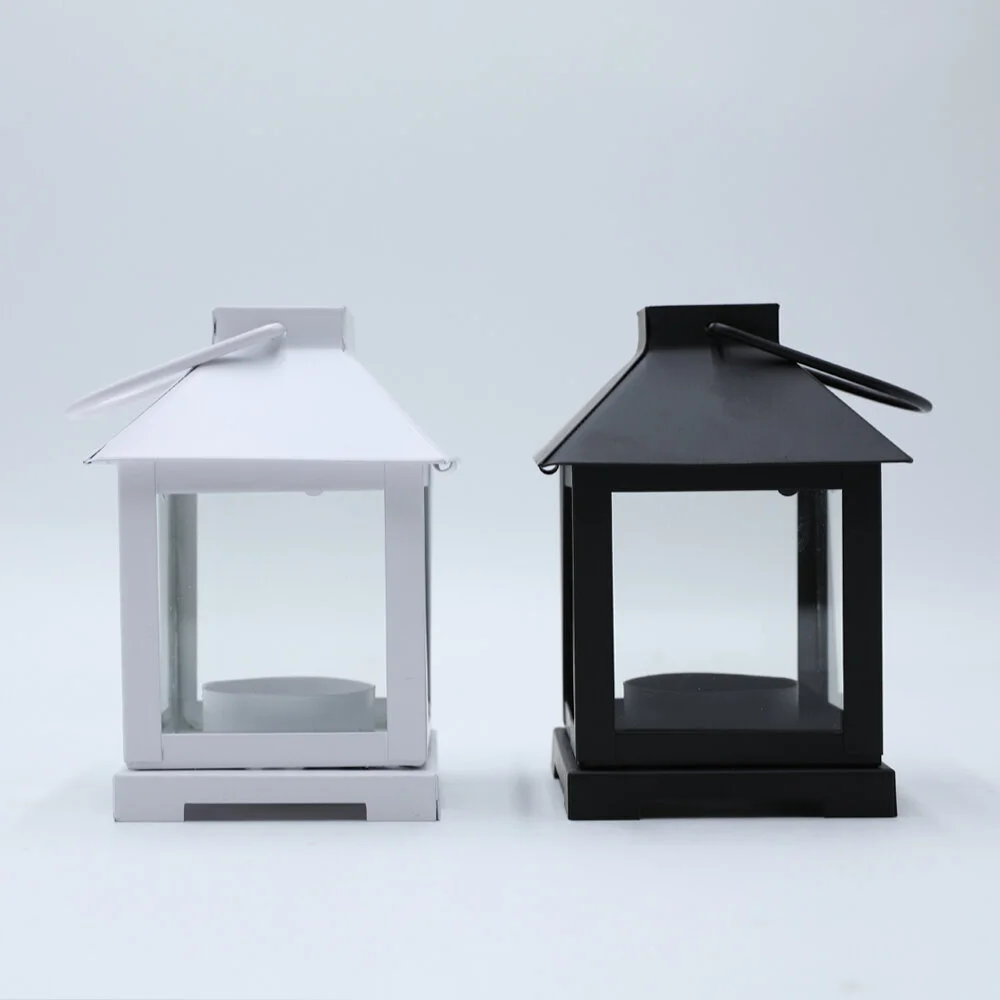  MINI METAL LANTERN WITH GLASS TEALIGHT HOLDER - BLACK &amp; WHITE