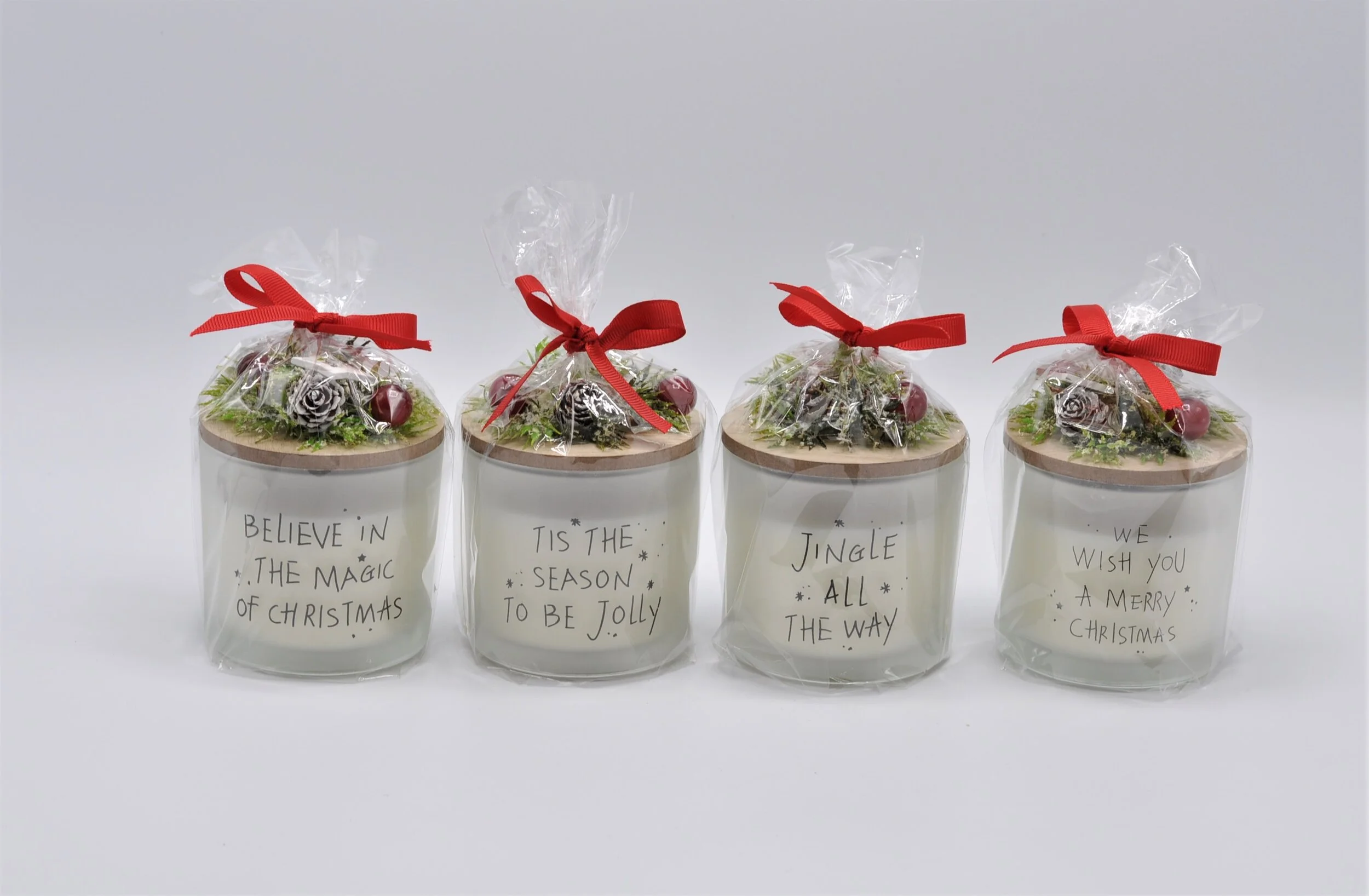 XMAS GLASS CANDLE WITH WOODEN LID WITH OPP BAG AND RIBBON