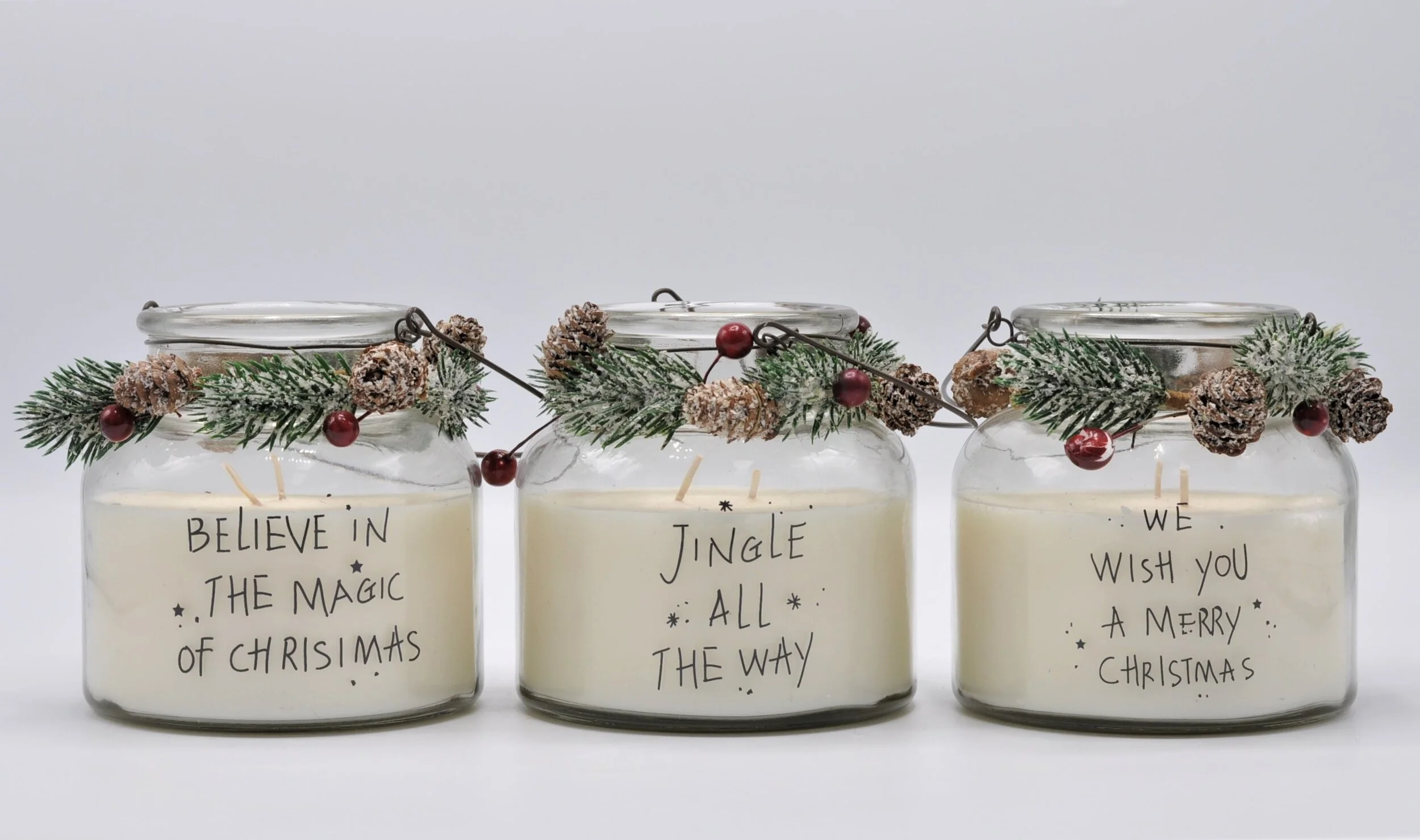 XMAS  GLASS CANDLE WITH METAL HANDLE