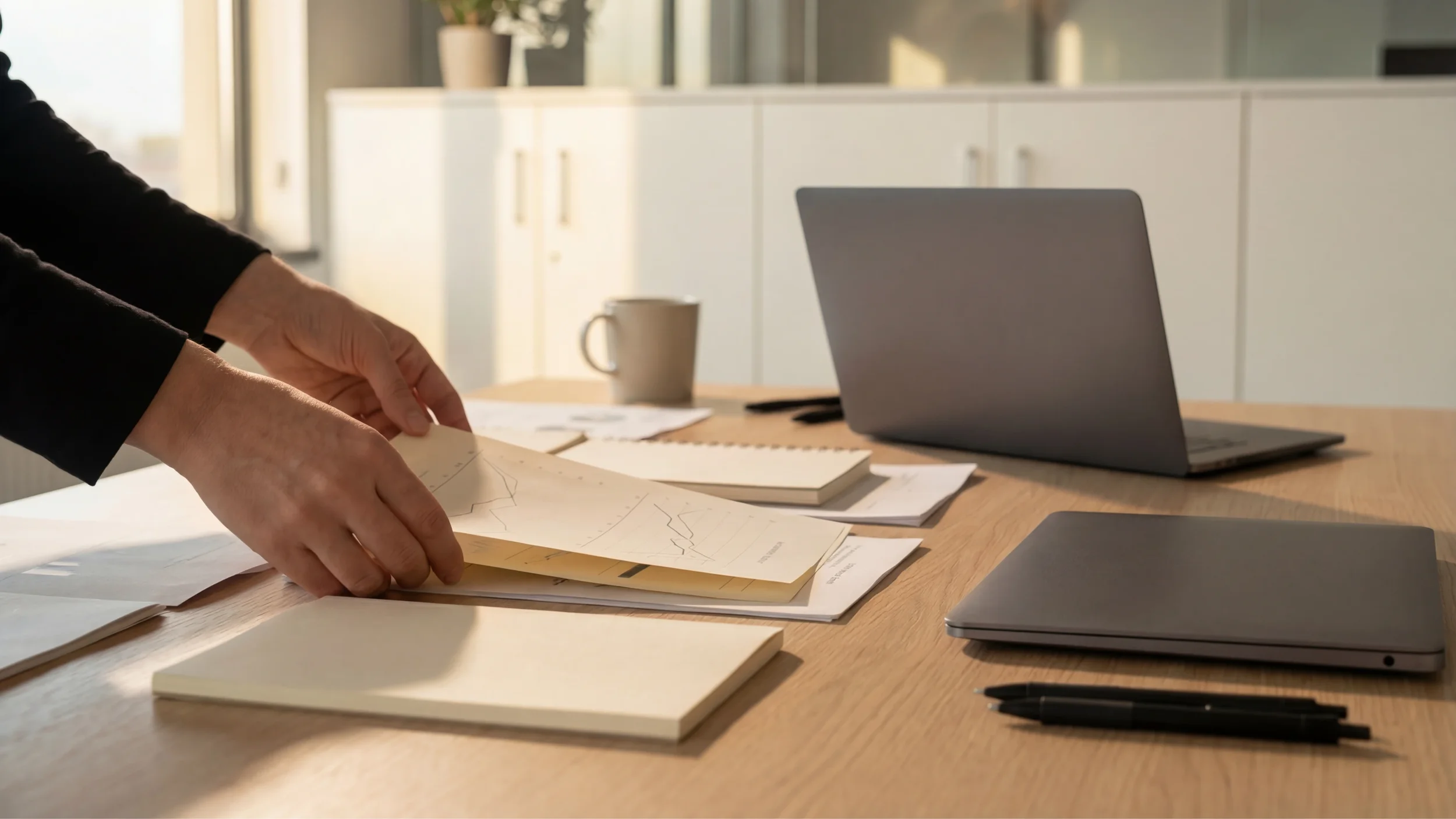 Person organizing documents with charts on a wooden desk in an office, with a laptop, pens, notebooks, a coffee mug, and a cabinet in the background.