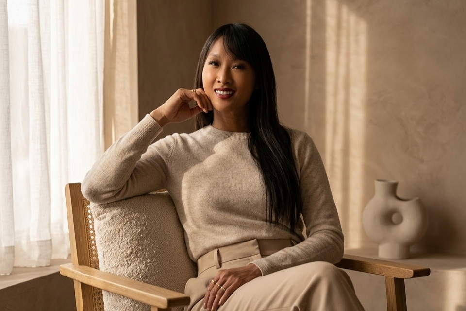 A woman with long dark hair sitting on a beige armchair next to cream-colored curtains, smiling, with a beige dress and ringed fingers, and a white decorative vase on a table behind her.