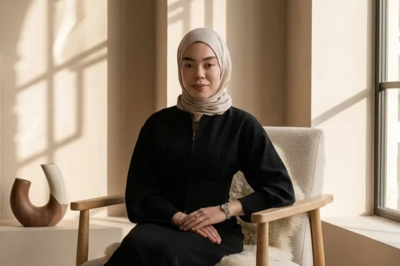 A woman with a beige hijab sitting on a wooden chair near a window, with sunlight casting shadows on the wall behind her.