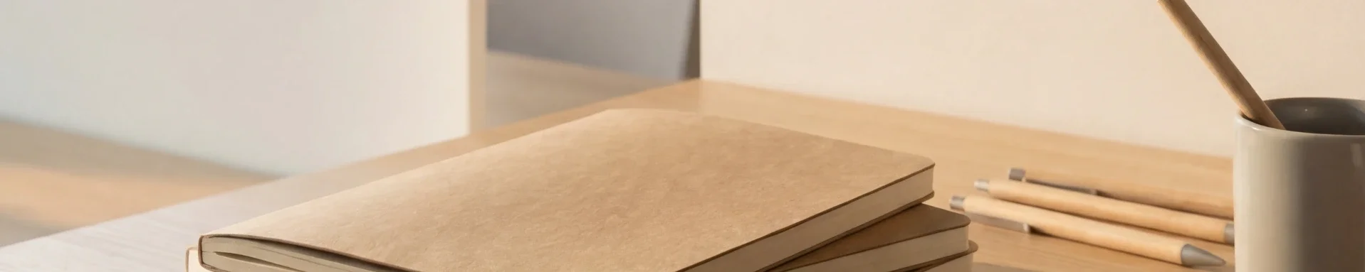 A stack of three closed notebooks with brown covers on a wooden desk. To the right, there is a white mug with several beige pencils with grey erasers inside, with some pencils also lying horizontally on the desk.