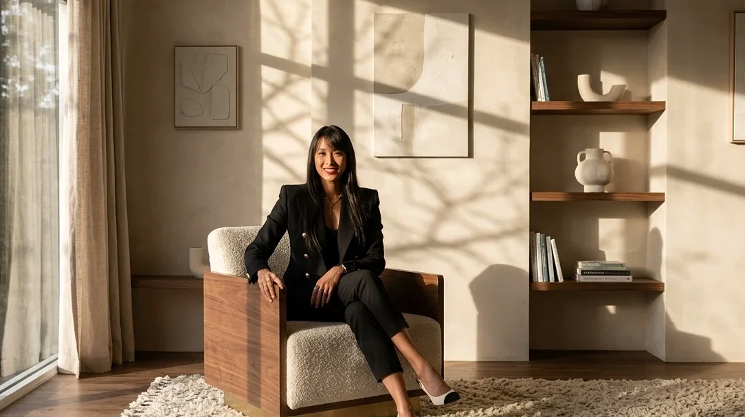 A woman sitting on an armchair in a living room with sunlight and shadows, beige walls, and abstract art. Shelves with books and decorative objects are behind her.