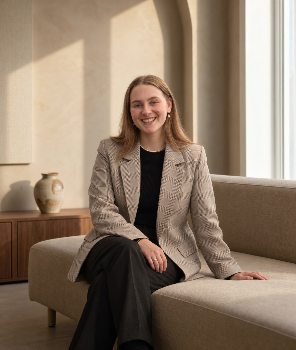 Alexis Arvanitis South Melbourne Clinical Psychologists and sports seated in a Japandi aesthetic office, wearing a beige blazer and black office attire