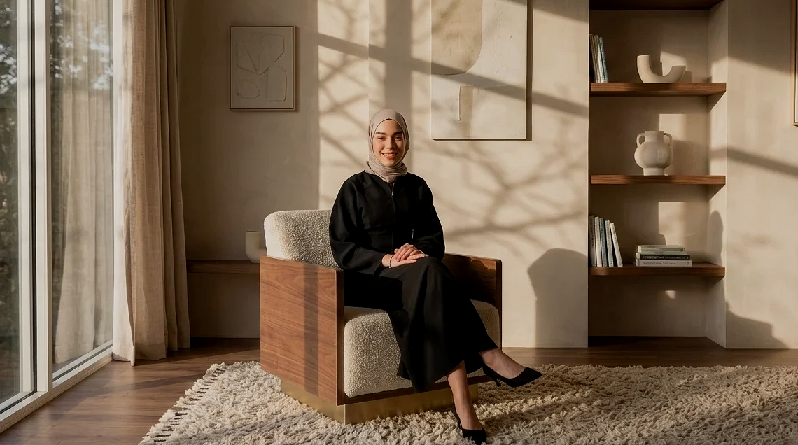 Psychologist Zeynep Kor sitting in an arm chair in a neutrally furnished office with a large window allowing natural light through