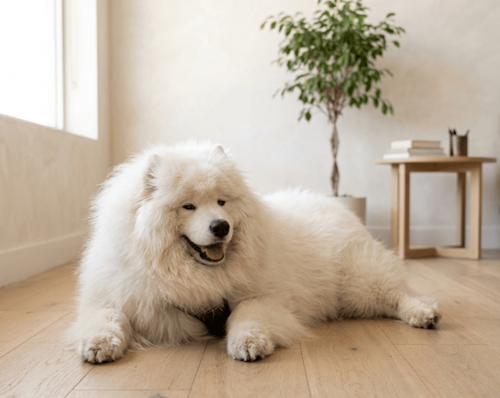 Louis the white samoyed dog smiling and laying on oak floorboards in a naturally lit room that has a neutral and warm aesthetic and minimally styled