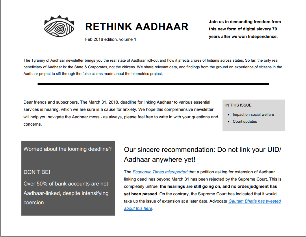 Tyranny of Aadhaar newsletter Feb 2018 edition, volume 1