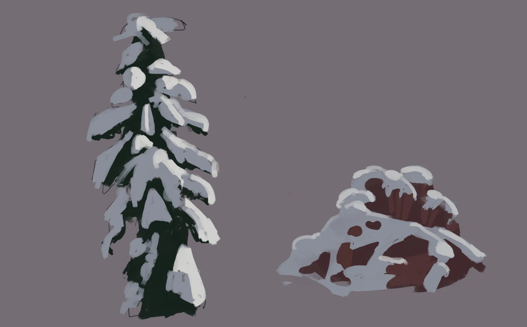 Super quick snowy tree and rock studies
