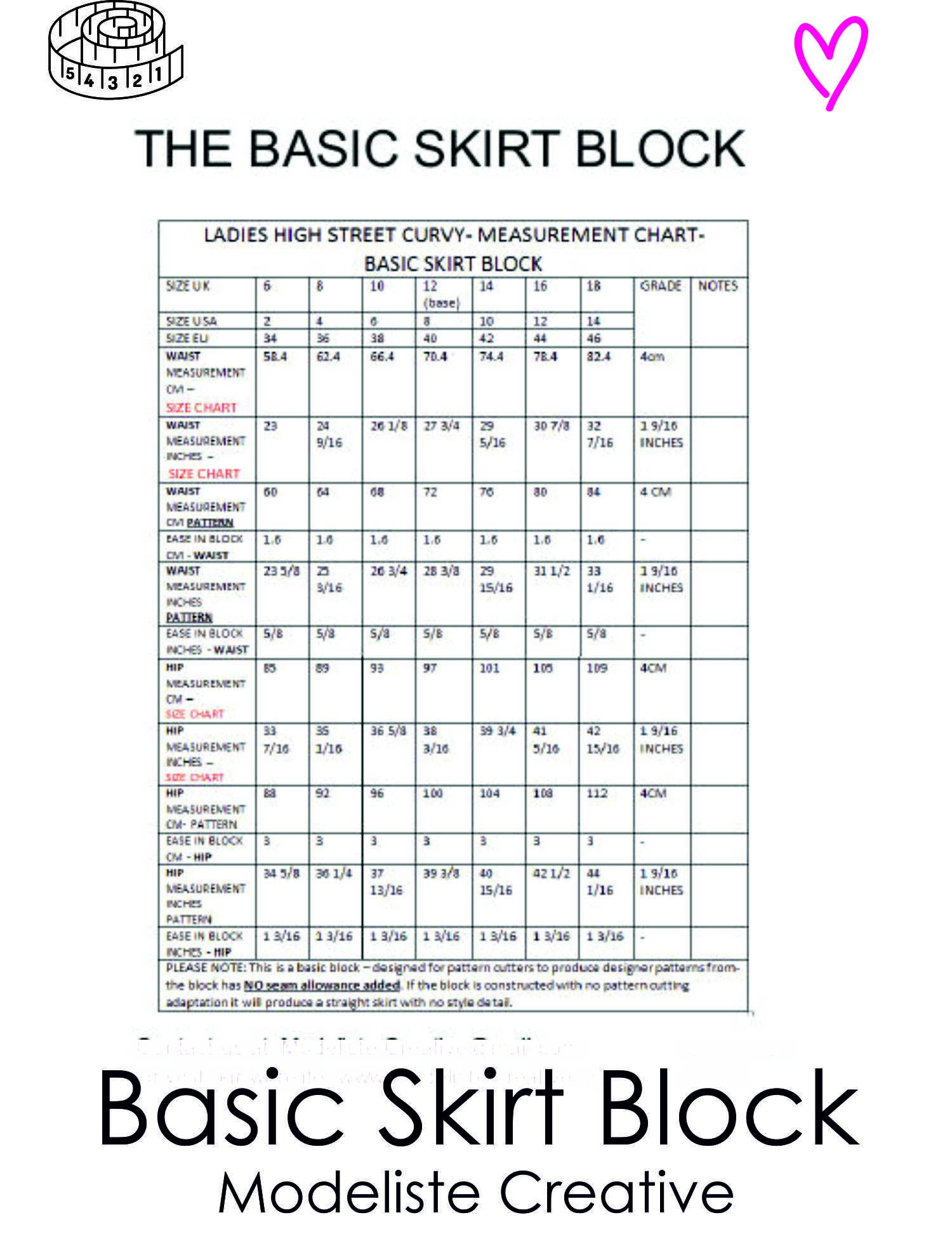 Basic Skirt Block- Sizes UK 6-18, USA 2 