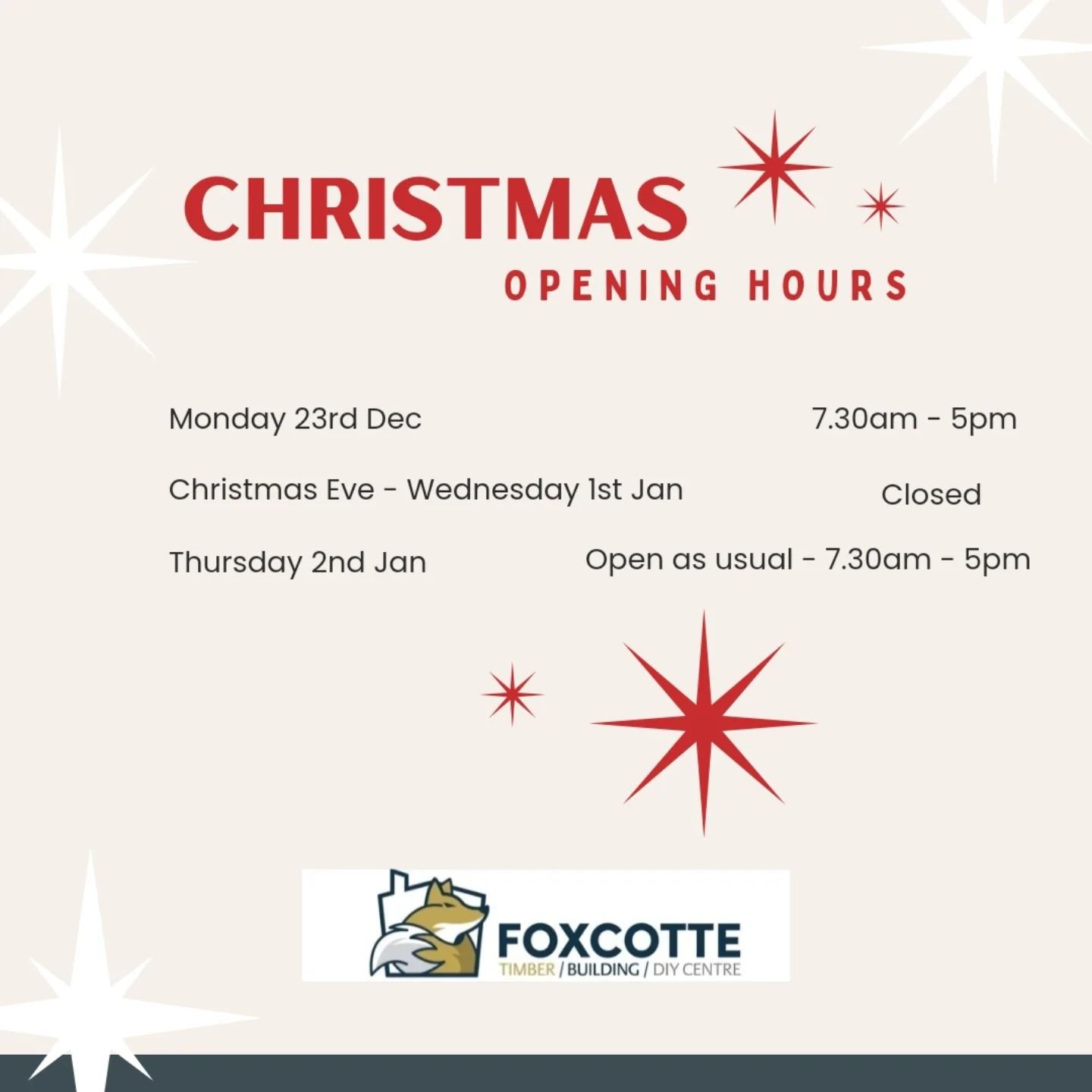 Christmas opening hours! 

We will close on Monday 23rd December at 5pm and will reopen on Thursday 2nd January at 7.30am.