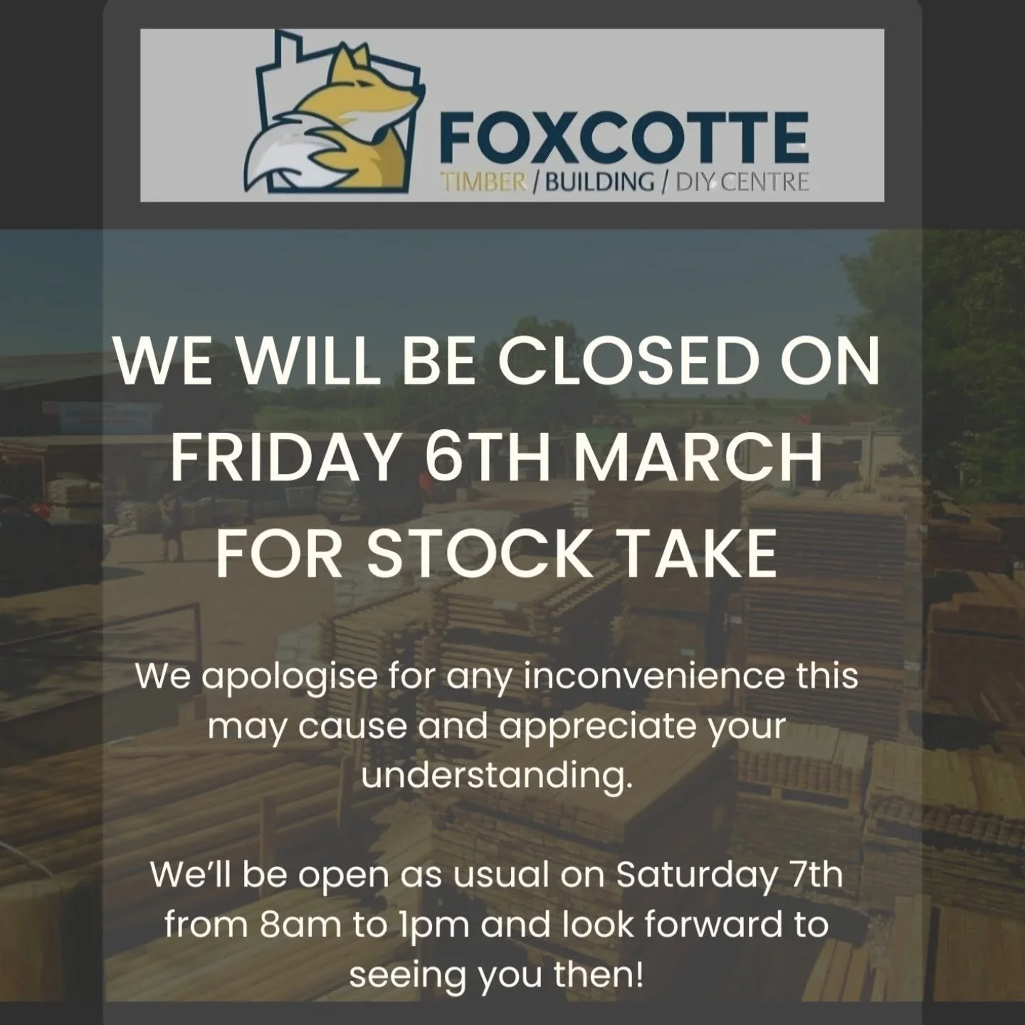 📢 Notice to Our Customers 📢

We will be closed on Friday 6th March for stock take - so please get your orders in beforehand! 

We apologise for any inconvenience this may cause and appreciate your understanding.

We&rsquo;ll be open as usual on Sat