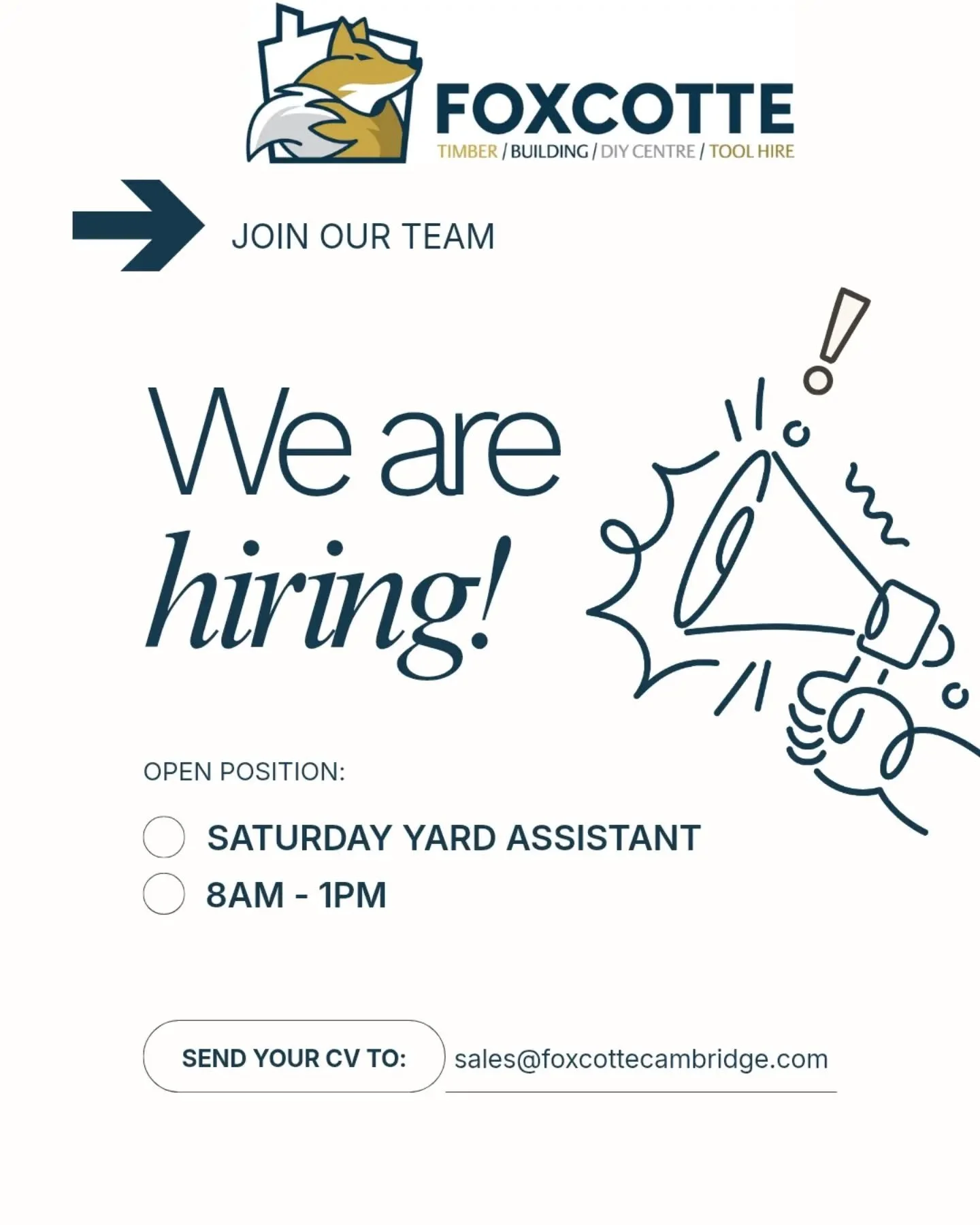 We are hiring...

We're looking for a Saturday yard assistant to join our friendly team.

If you&rsquo;re interested, please call in and say hello, or email your CV to sales@foxcottecambridge.com.