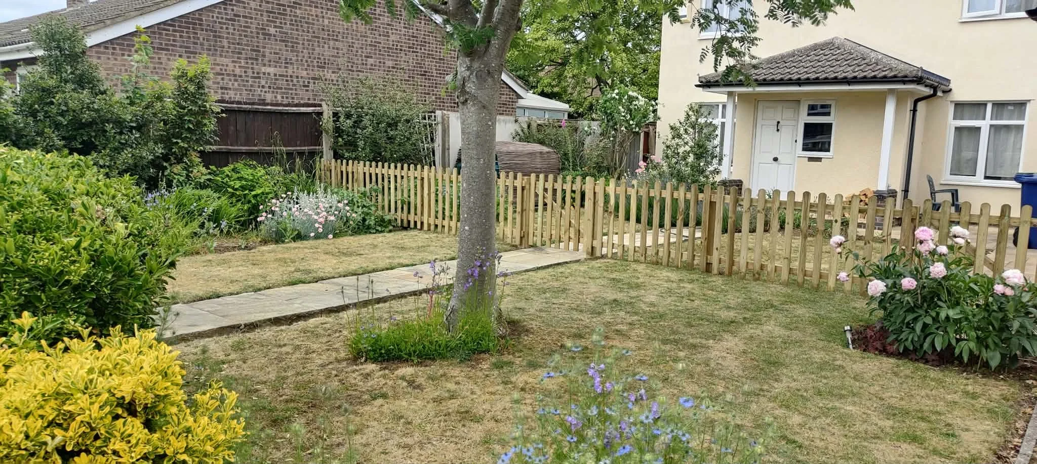 A well-maintained backyard garden with a small tree, flowering plants, a stone pathway, a wooden fence, a house with a yellow exterior, and outdoor furniture.